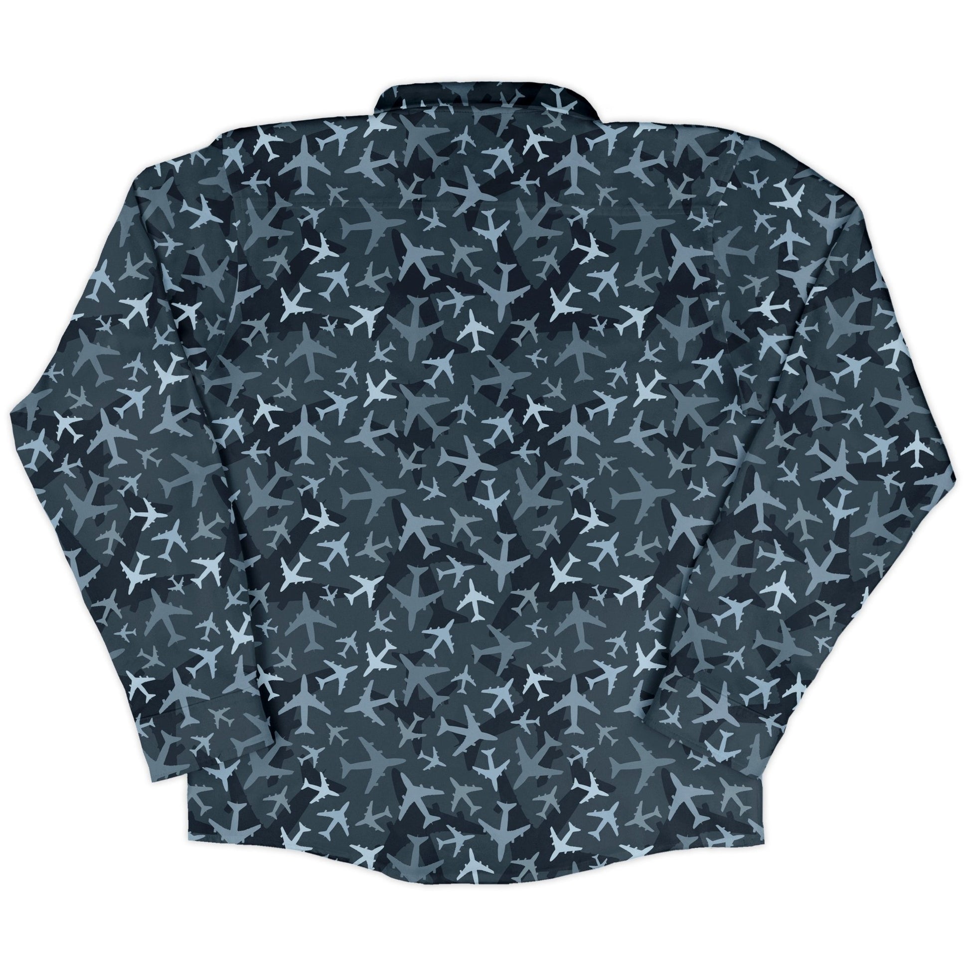 Airplanes Blue Camouflage Blue Long Sleeve Button Up Shirt Geek Nerd adult sizing aviation print FLOW DESC WRITING