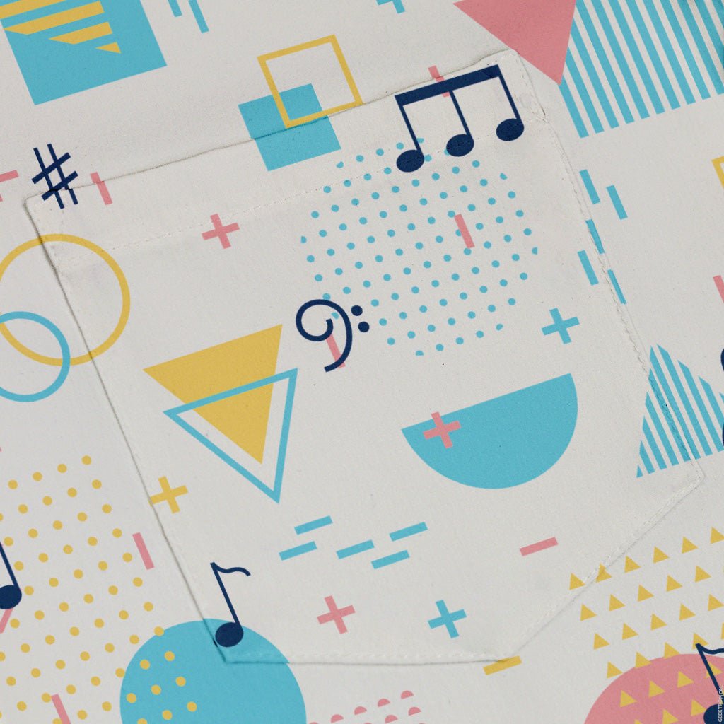 Alphabet Music Memphis Style White Button Up Shirt - adult sizing - Maximalist Patterns - music print