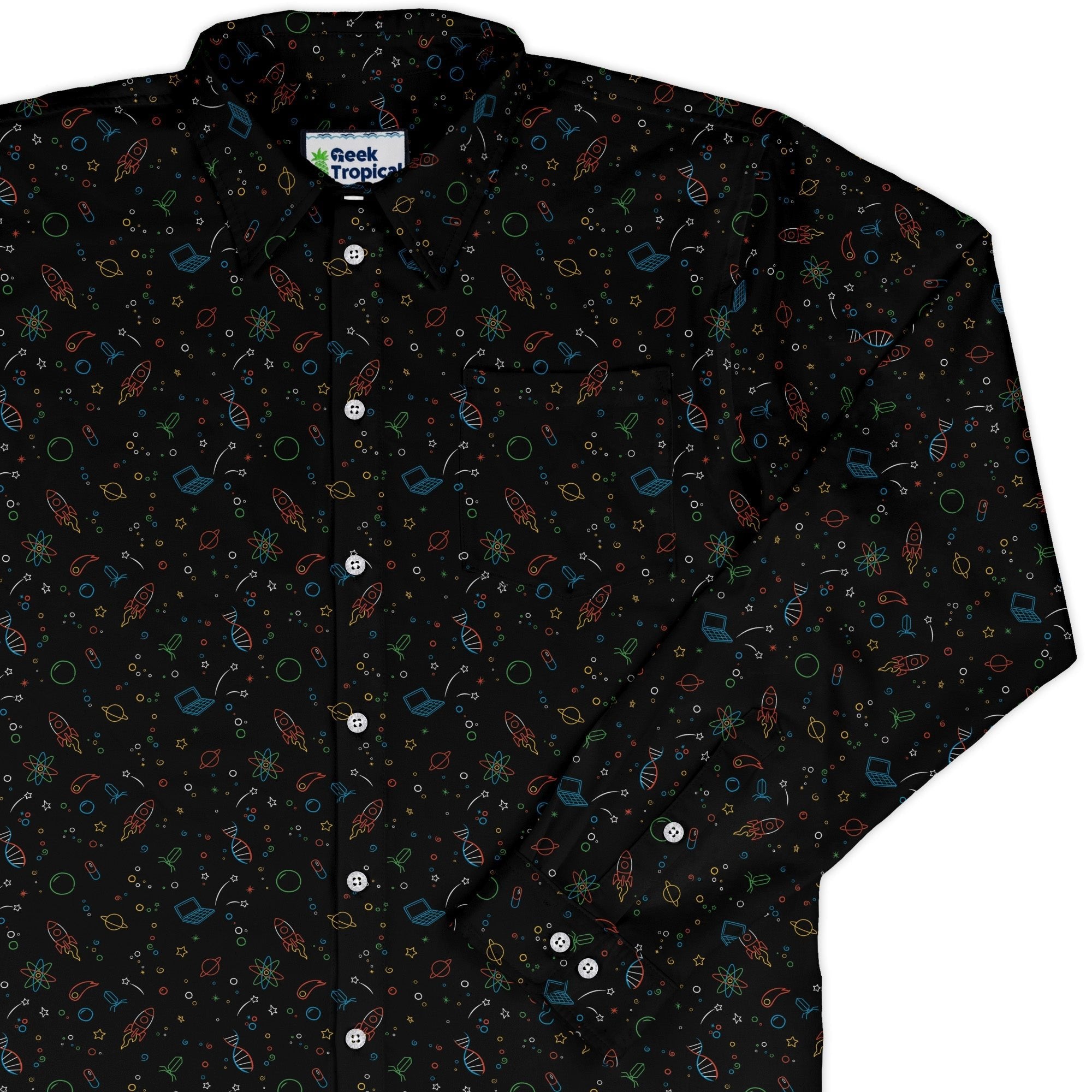 Always Science Icons Long Sleeve Button Up Shirt Geek Nerd adult sizing Design by Tobe Fonseca FLOW DESC WRITING