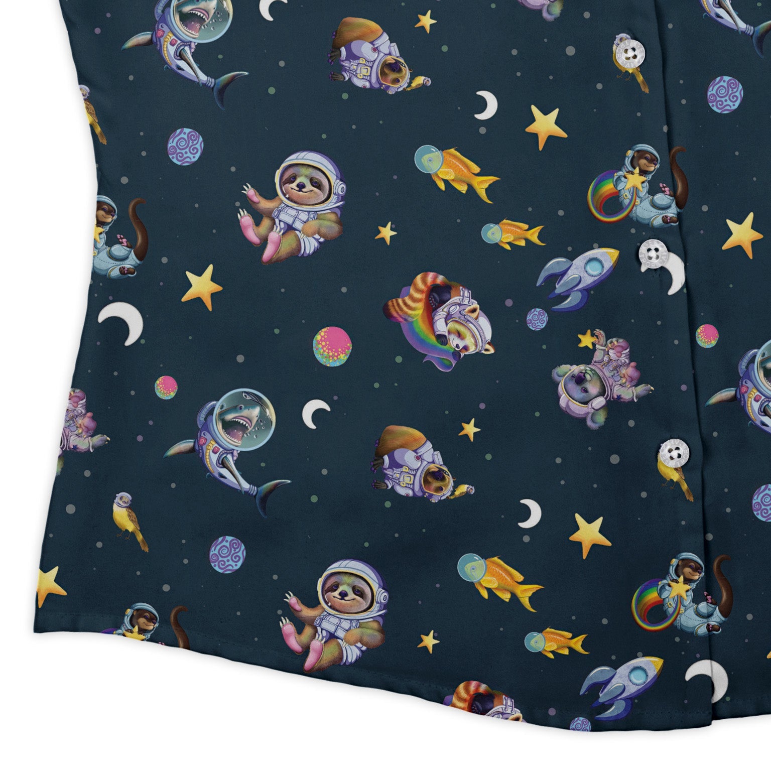 Animal Astronauts in Space Curvy Button Up Shirt Geek Nerd Animal Patterns Design by Carla Morrow outer space & astronaut print
