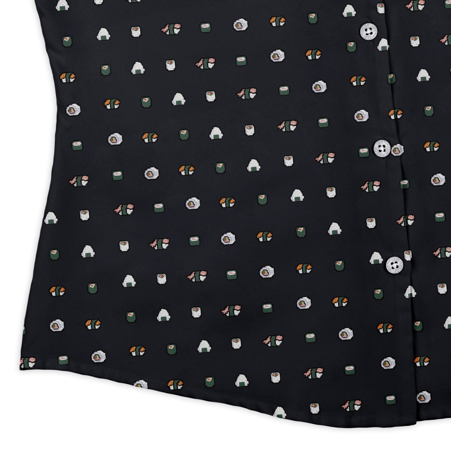 Anime Sushi Rolls Dark Curvy Button Up Shirt Geek Nerd Anime Design by Claire Murphy women