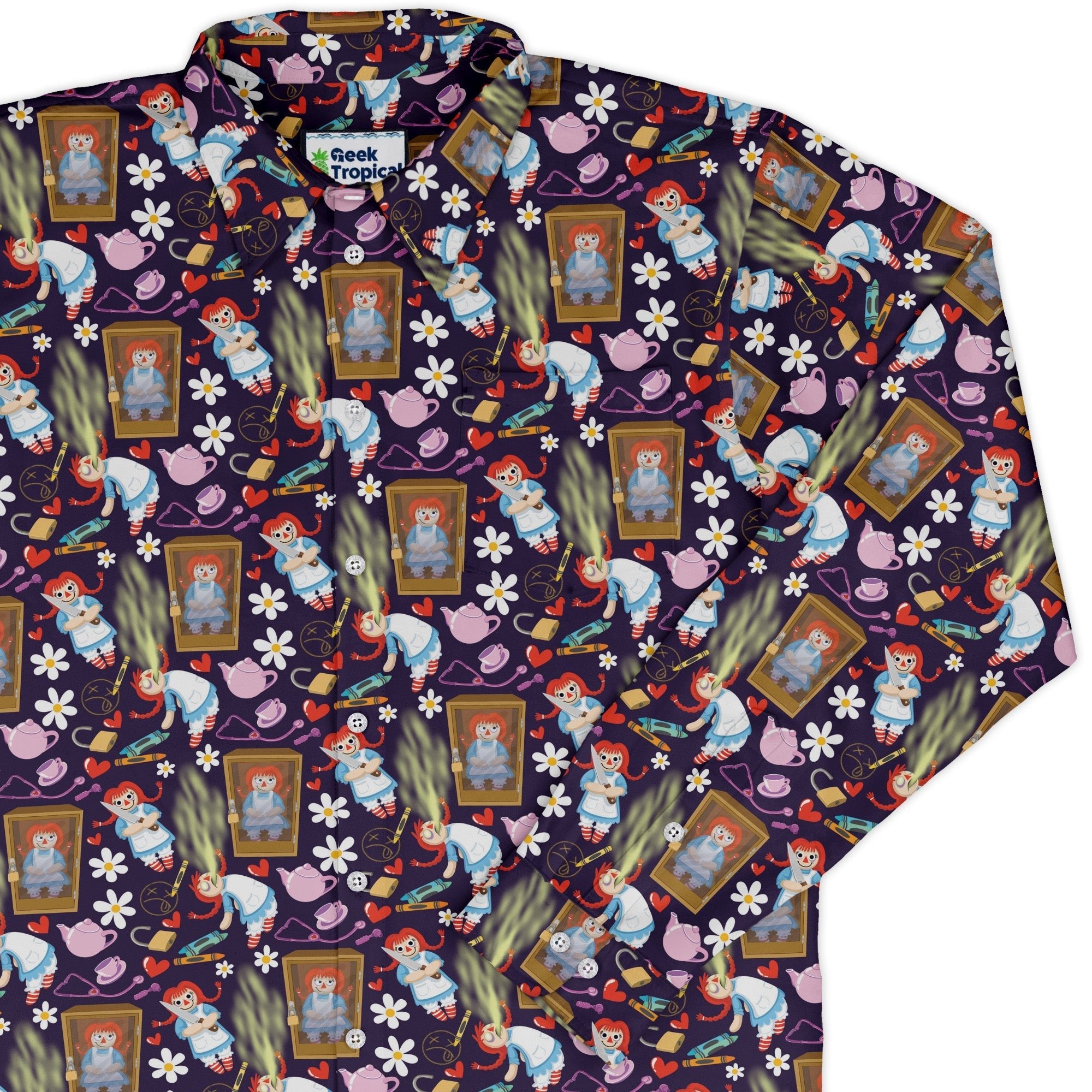 Annabelle Doll Long Sleeve Button Up Shirt Geek Nerd 0925 adult sizing All Adult Button Up Shirts