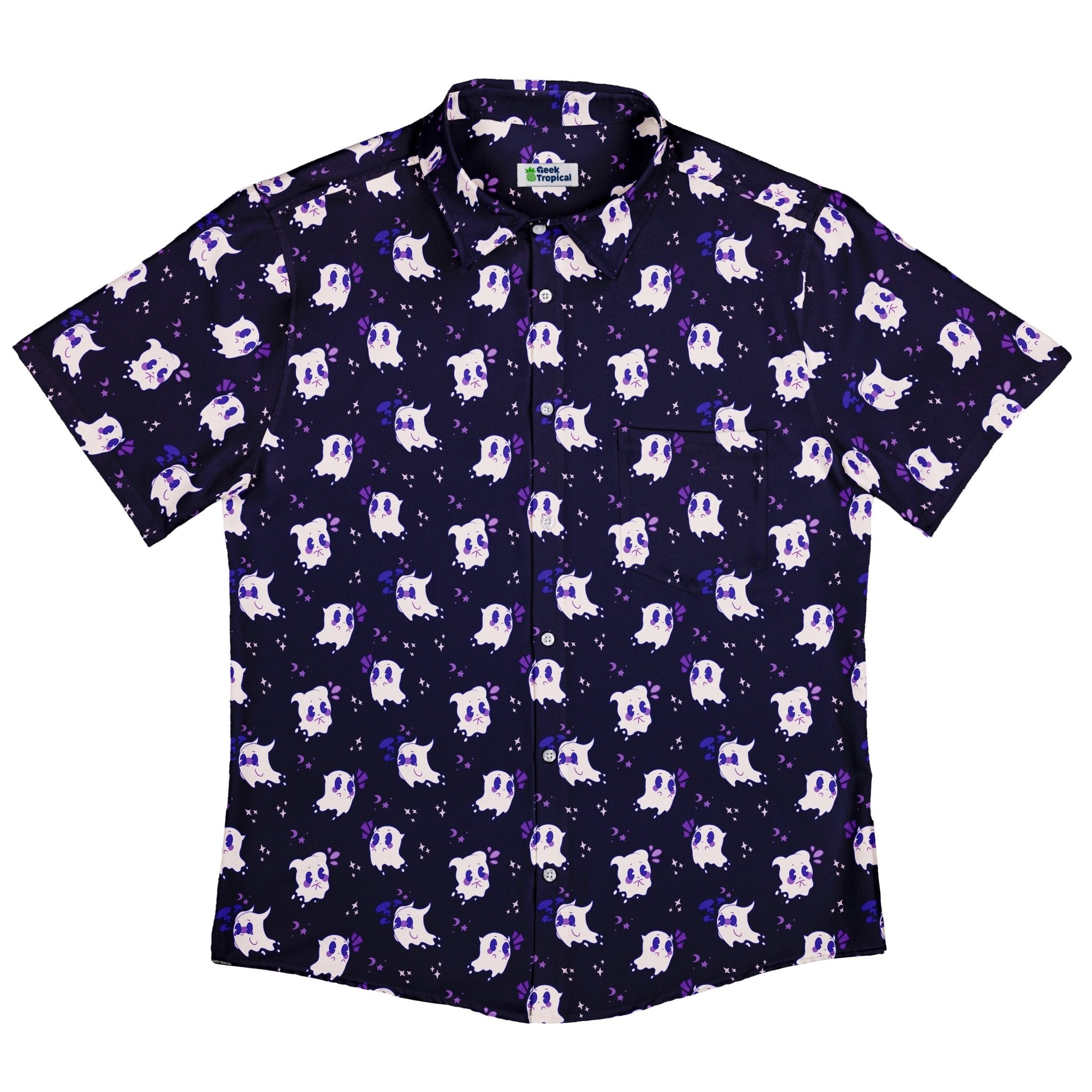 Anxious Ghost Purple Button Up Shirt - adult sizing - Anime - Design by Ardi Tong