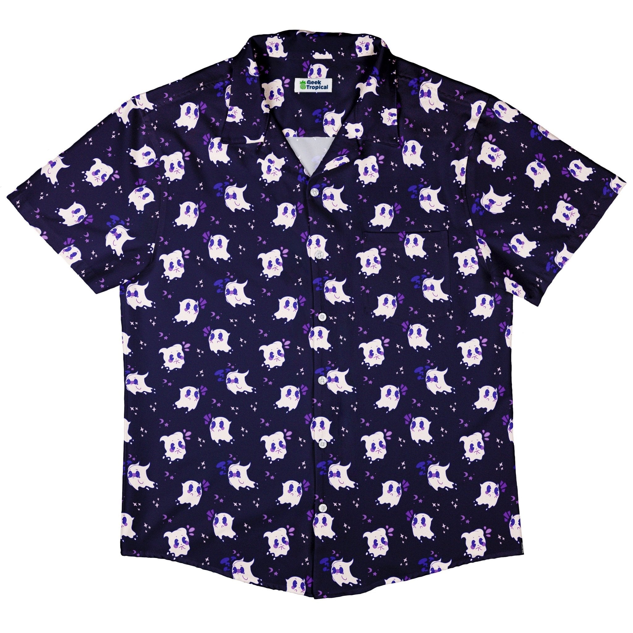 Anxious Ghost Purple Button Up Shirt - adult sizing - Anime - Design by Ardi Tong
