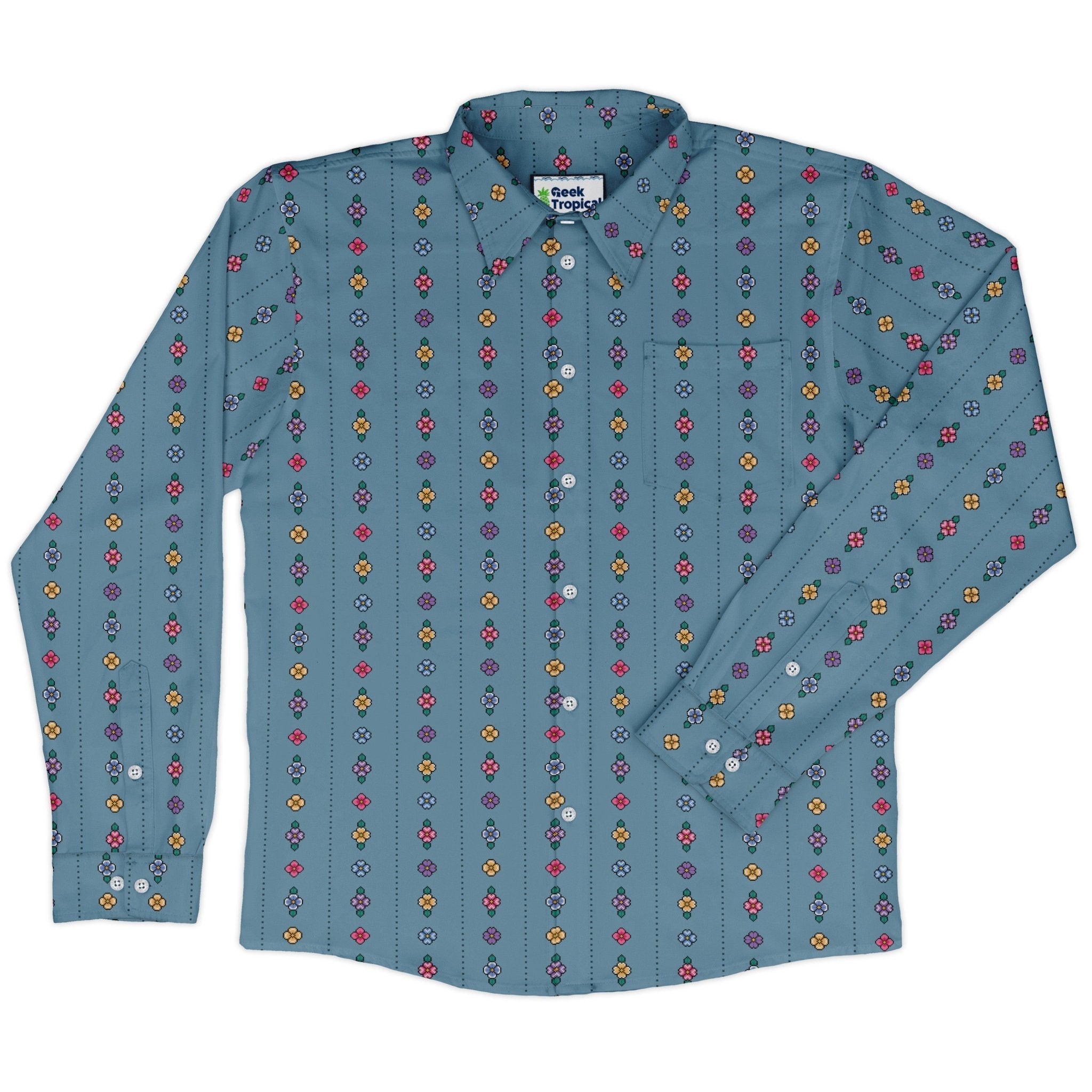 Arcade Pixel Flowers Long Sleeve Button Up Shirt Geek Nerd adult sizing Design by Dunking Toast FLOW DESC WRITING