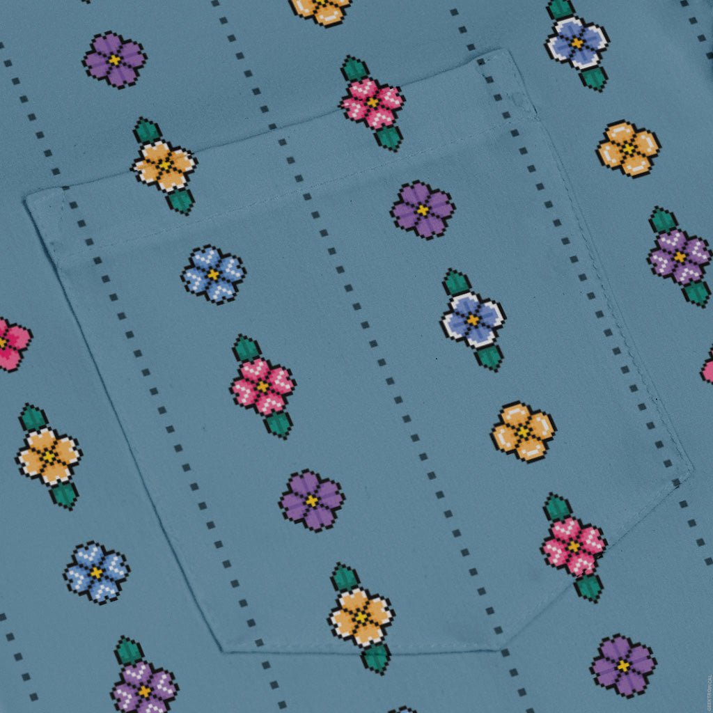 Arcade Pixel Flowers Long Sleeve Button Up Shirt Geek Nerd adult sizing Design by Dunking Toast FLOW DESC WRITING