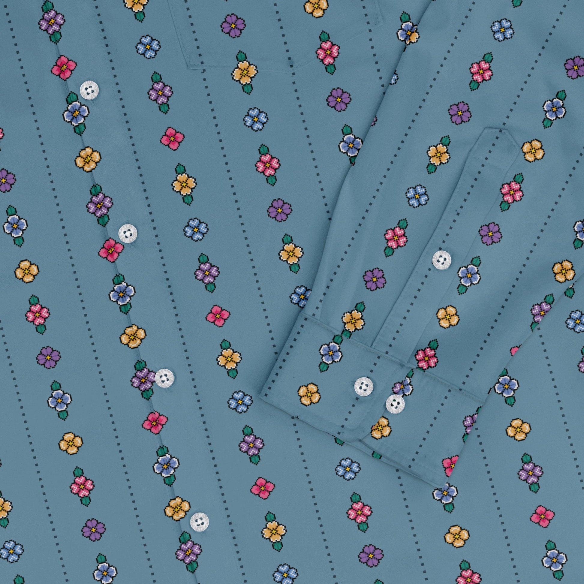 Arcade Pixel Flowers Long Sleeve Button Up Shirt Geek Nerd adult sizing Design by Dunking Toast FLOW DESC WRITING