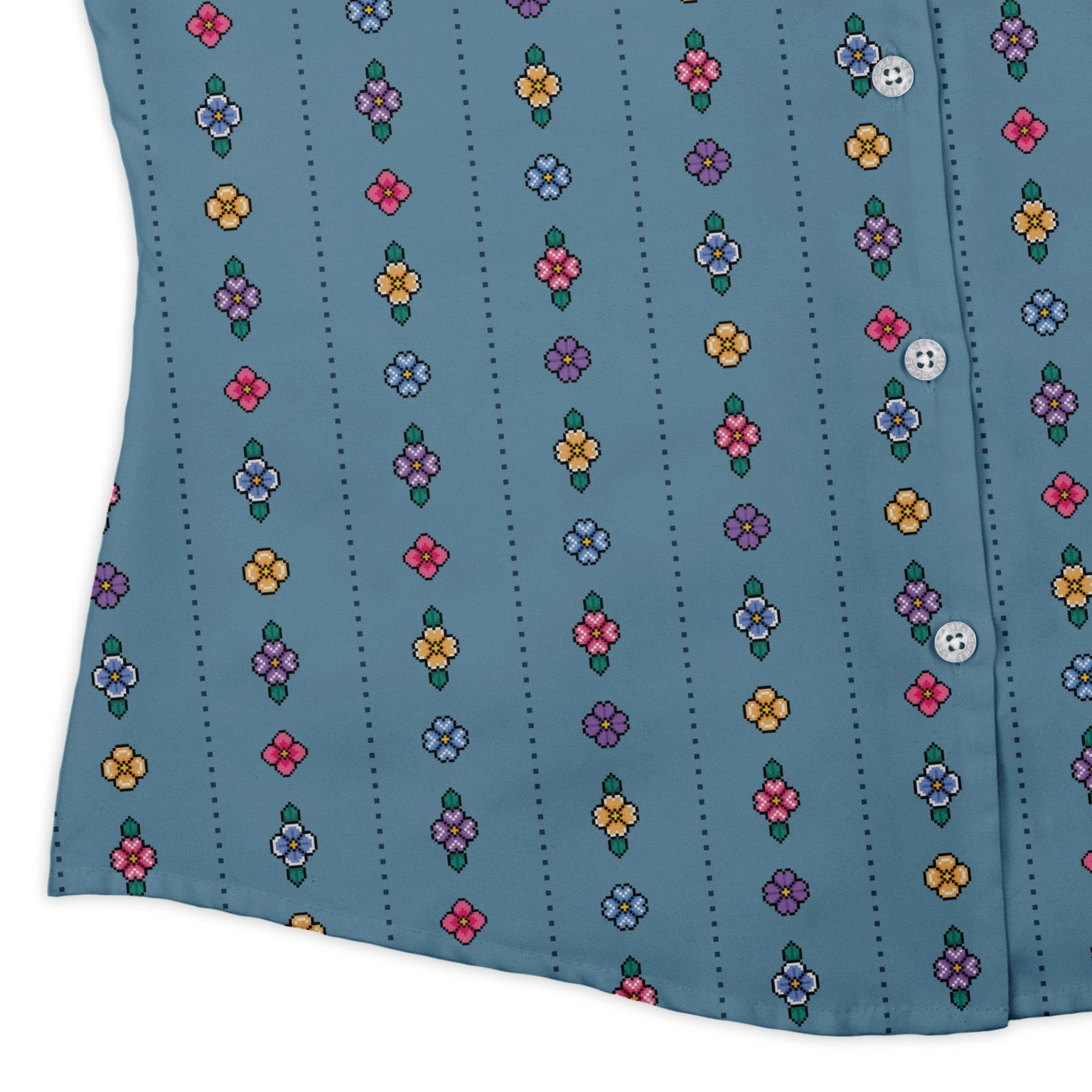 Arcade Pixel Flowers Curvy Button Up Shirt Geek Nerd Design by Dunking Toast Simple Patterns Tropical Hawaiian Patterns
