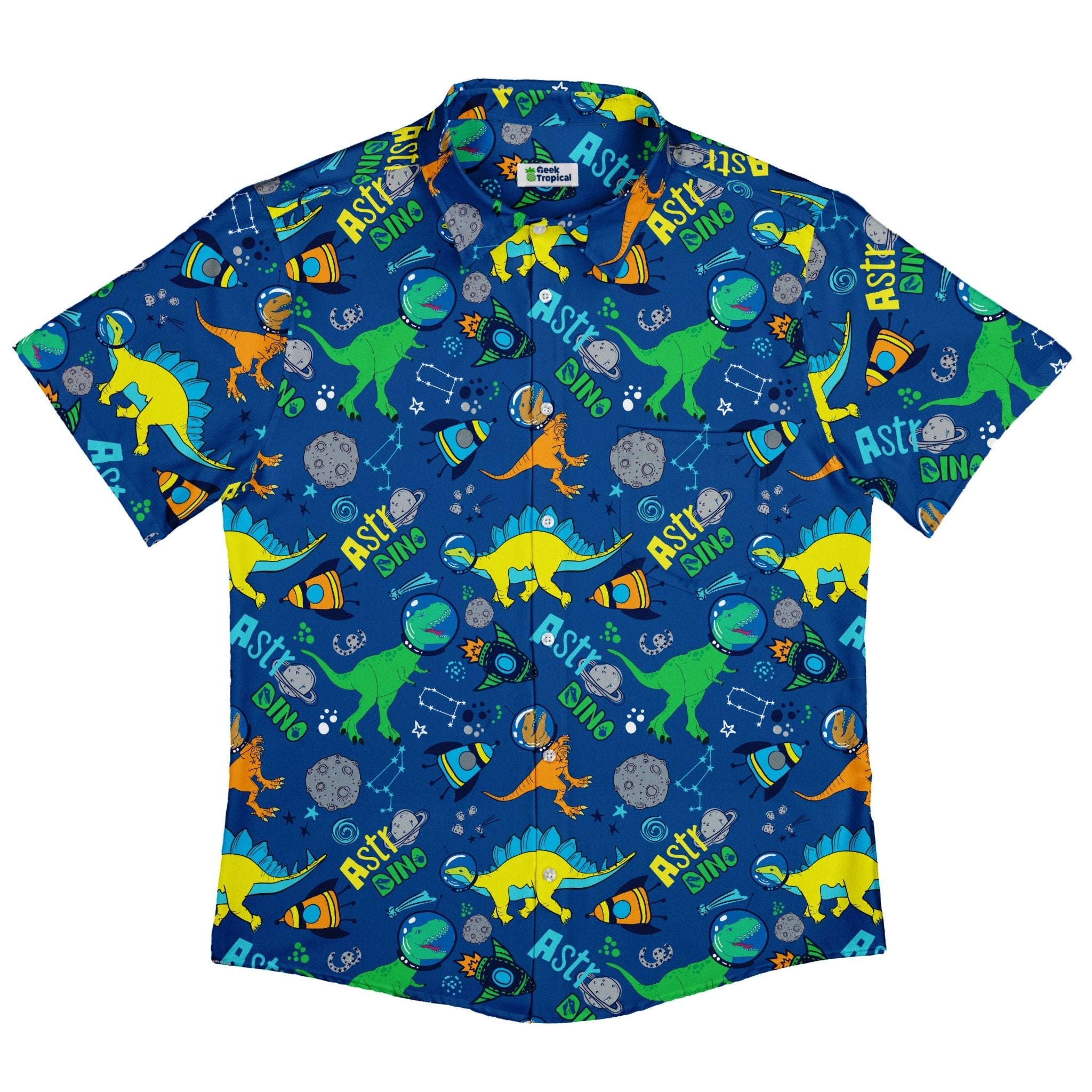 Astro Dino Dinosaur Outer Space Blue Button Up Shirt - adult sizing - dinosaur print - Maximalist Patterns