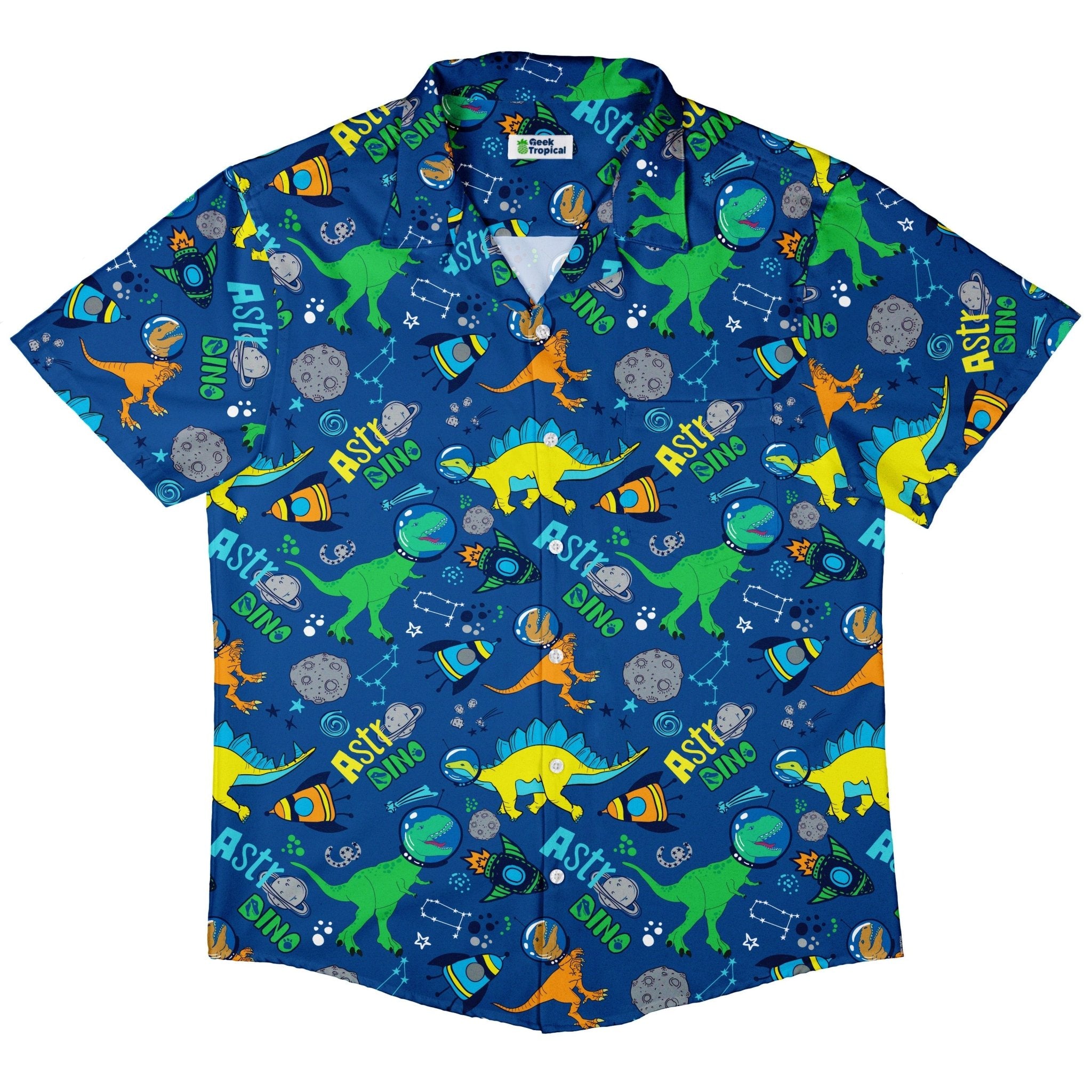 Astro Dino Dinosaur Outer Space Blue Button Up Shirt - adult sizing - dinosaur print - Maximalist Patterns