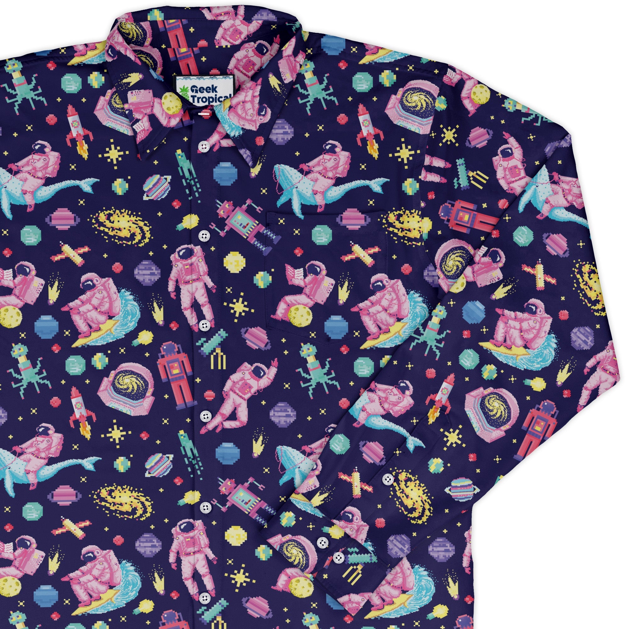 Astronaut Pixels Outer Space Purple Blue Long Sleeve Button Up Shirt