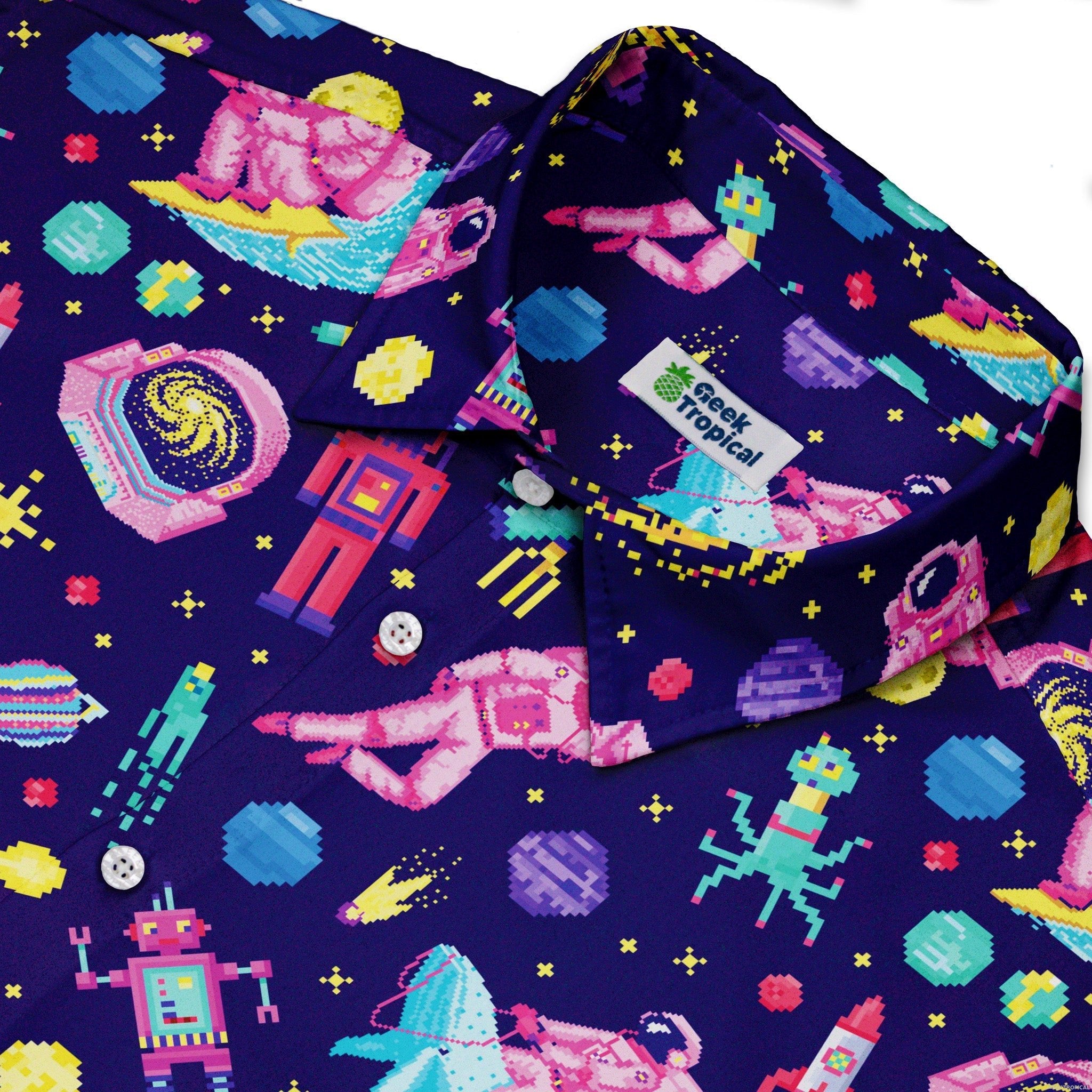 Astronaut Pixels Outer Space Purple Blue Button Up Shirt - adult sizing - Animal Patterns - Maximalist Patterns