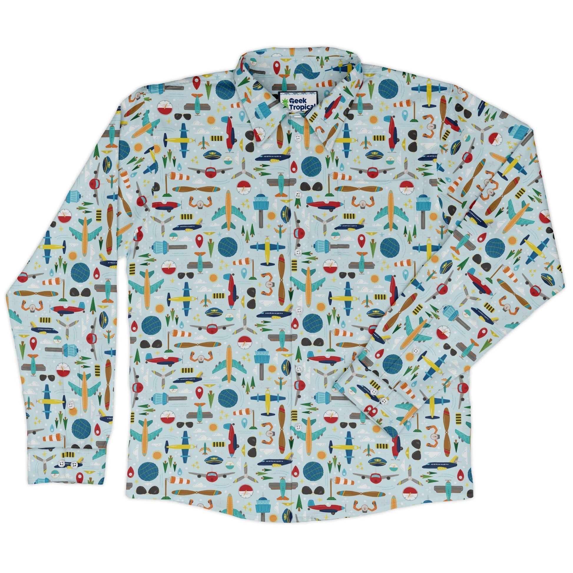 Aviation Adventure Long Sleeve Button Up Shirt Geek Nerd adult sizing aviation print Design by Zirkus Design