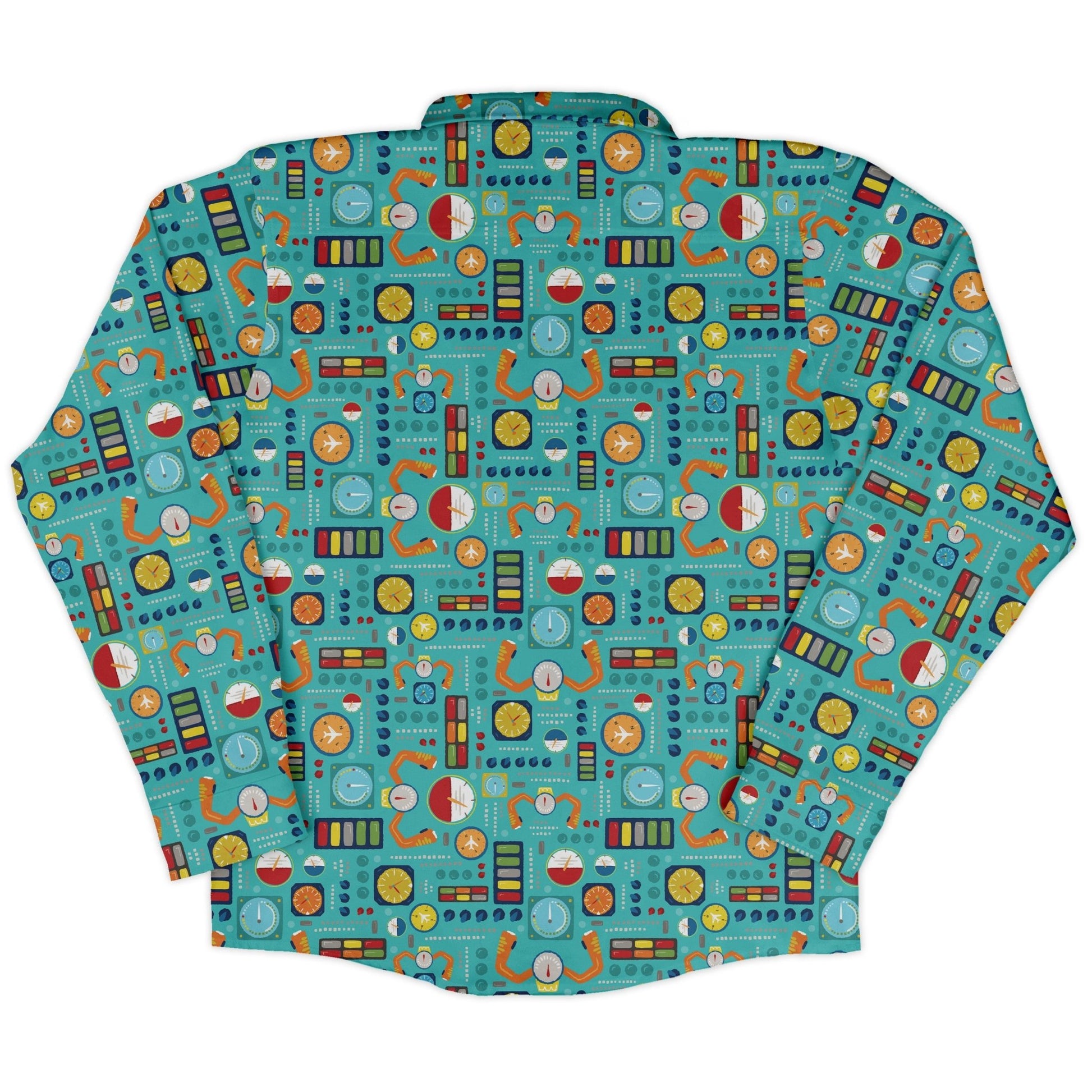 Aviation Adventure instrument Long Sleeve Button Up Shirt Geek Nerd adult sizing aviation print Design by Zirkus Design