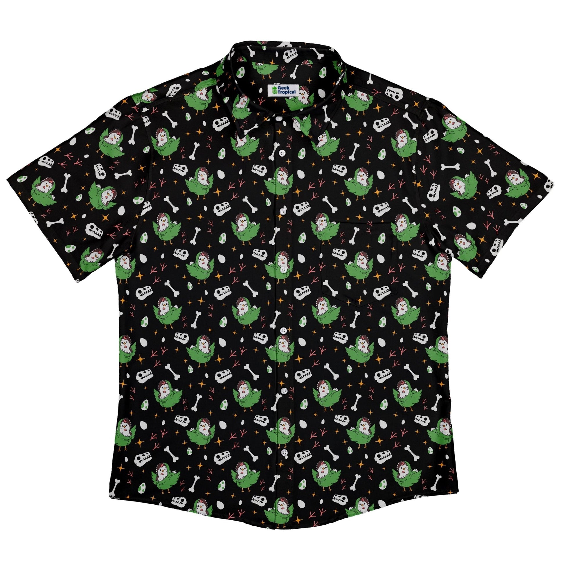 Chickenossauro Rex Button Up Shirt Geek Nerd adult sizing Design by Tobe Fonseca dinosaur print