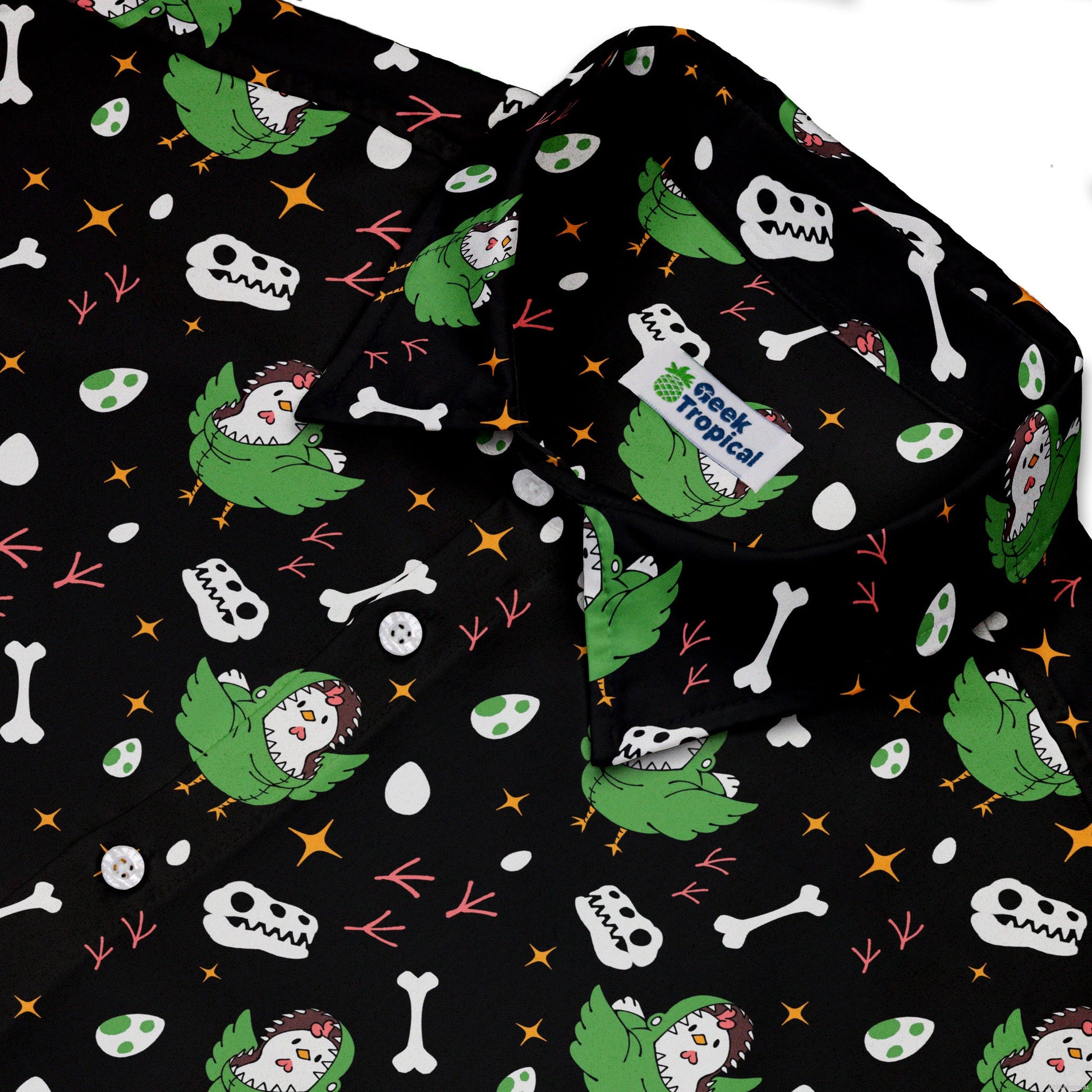 Chickenossauro Rex Button Up Shirt Geek Nerd adult sizing Design by Tobe Fonseca dinosaur print