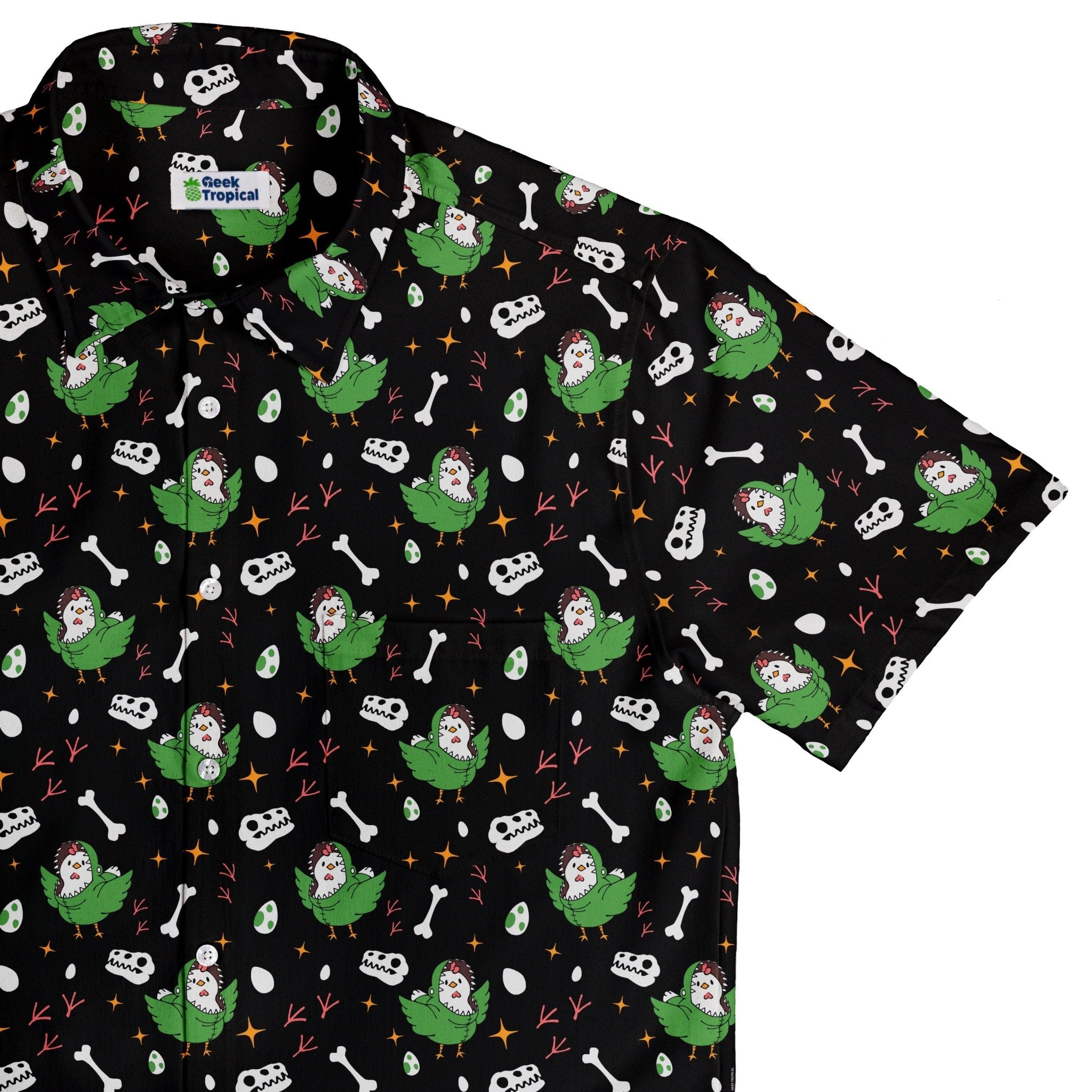 Chickenossauro Rex Button Up Shirt Geek Nerd adult sizing Design by Tobe Fonseca dinosaur print
