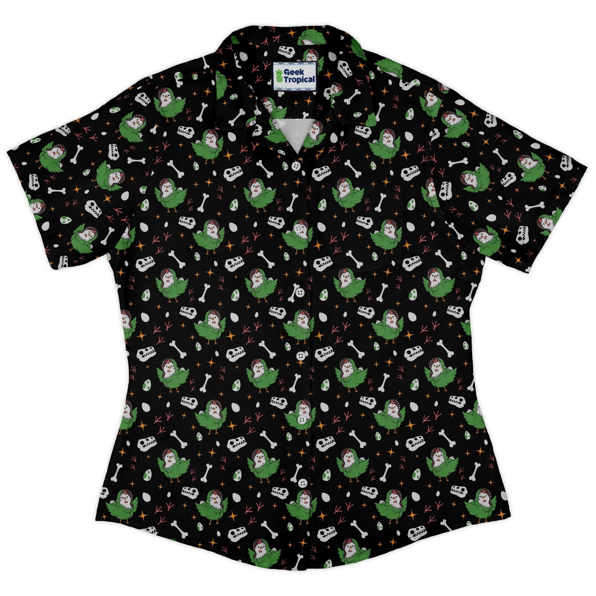 Chickenossauro Rex Curvy Button Up Shirt Geek Nerd Design by Tobe Fonseca dinosaur print q225