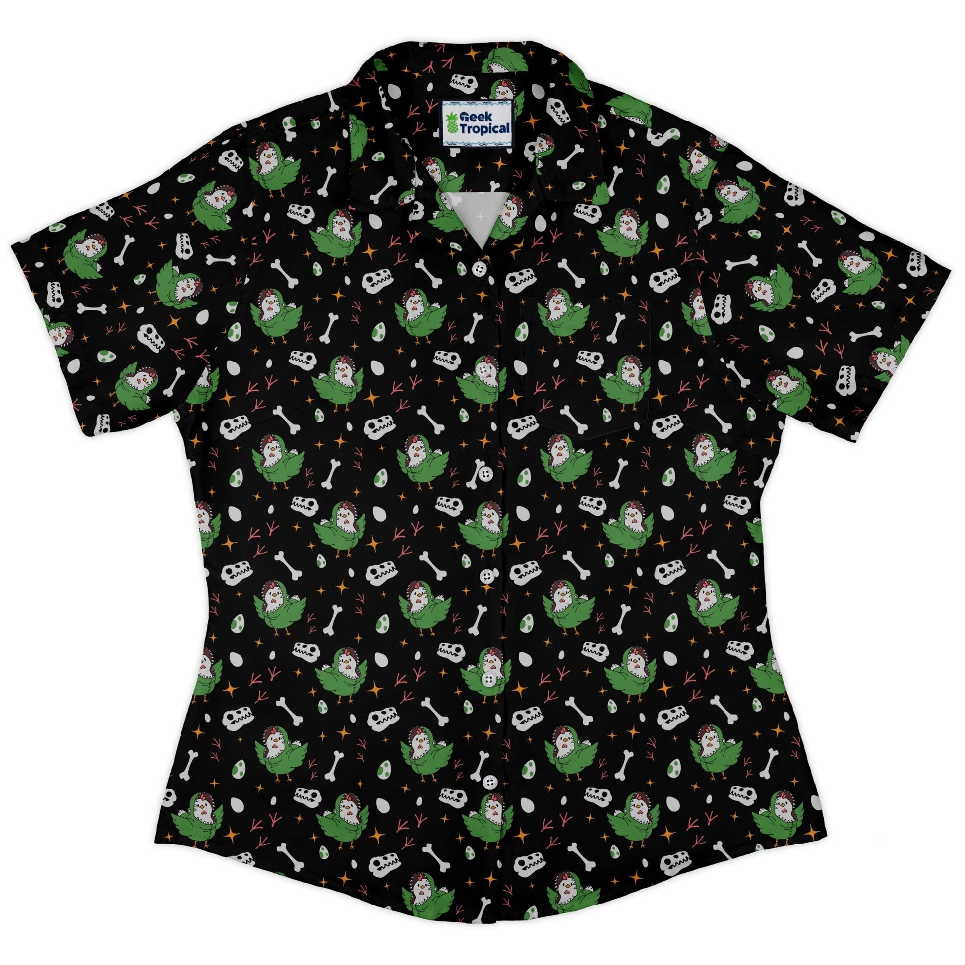 Chickenossauro Rex Curvy Button Up Shirt Geek Nerd Design by Tobe Fonseca dinosaur print q225