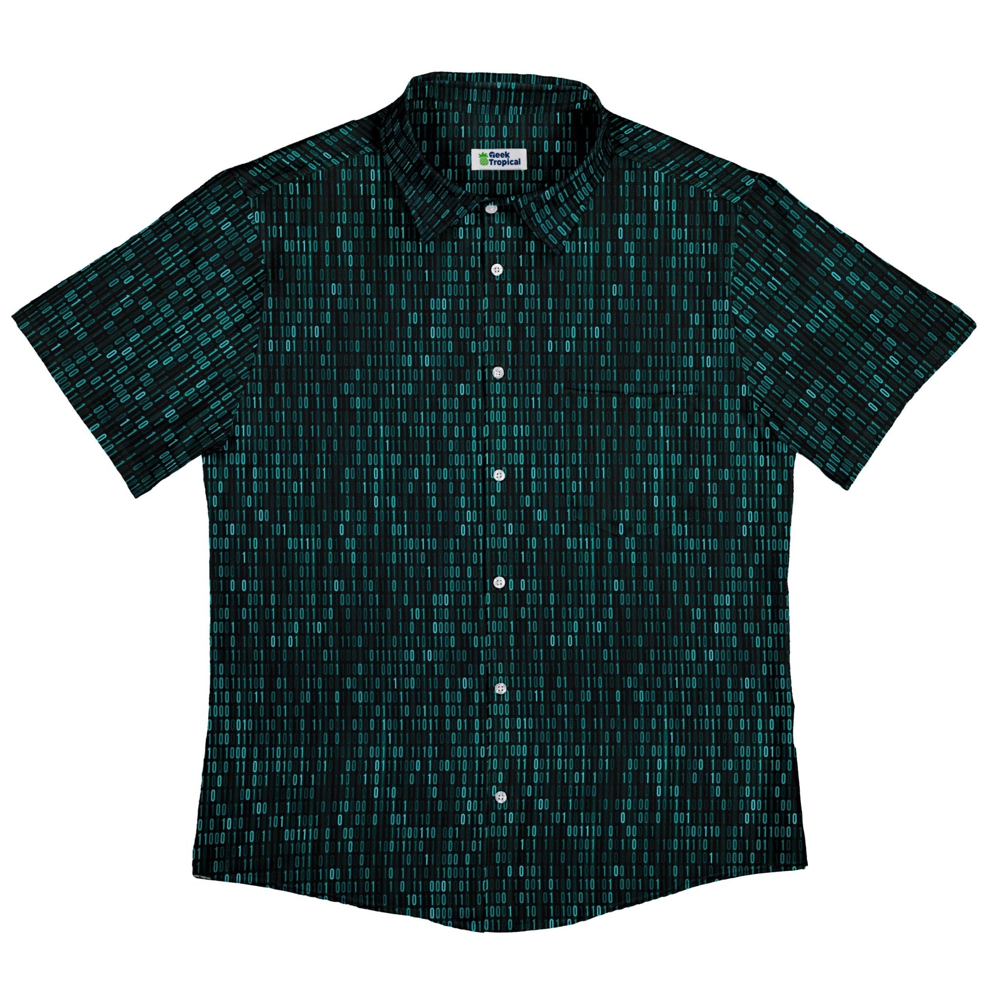 Binary Computer 1s and 0s Teal Black Button Up Shirt - adult sizing - computer print - Simple Patterns