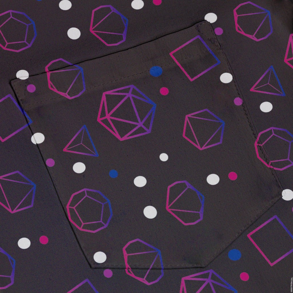 Bisexual Pride Flag DND Dice Button Up Shirt - adult sizing - Design by Heather Davenport - dnd & rpg print