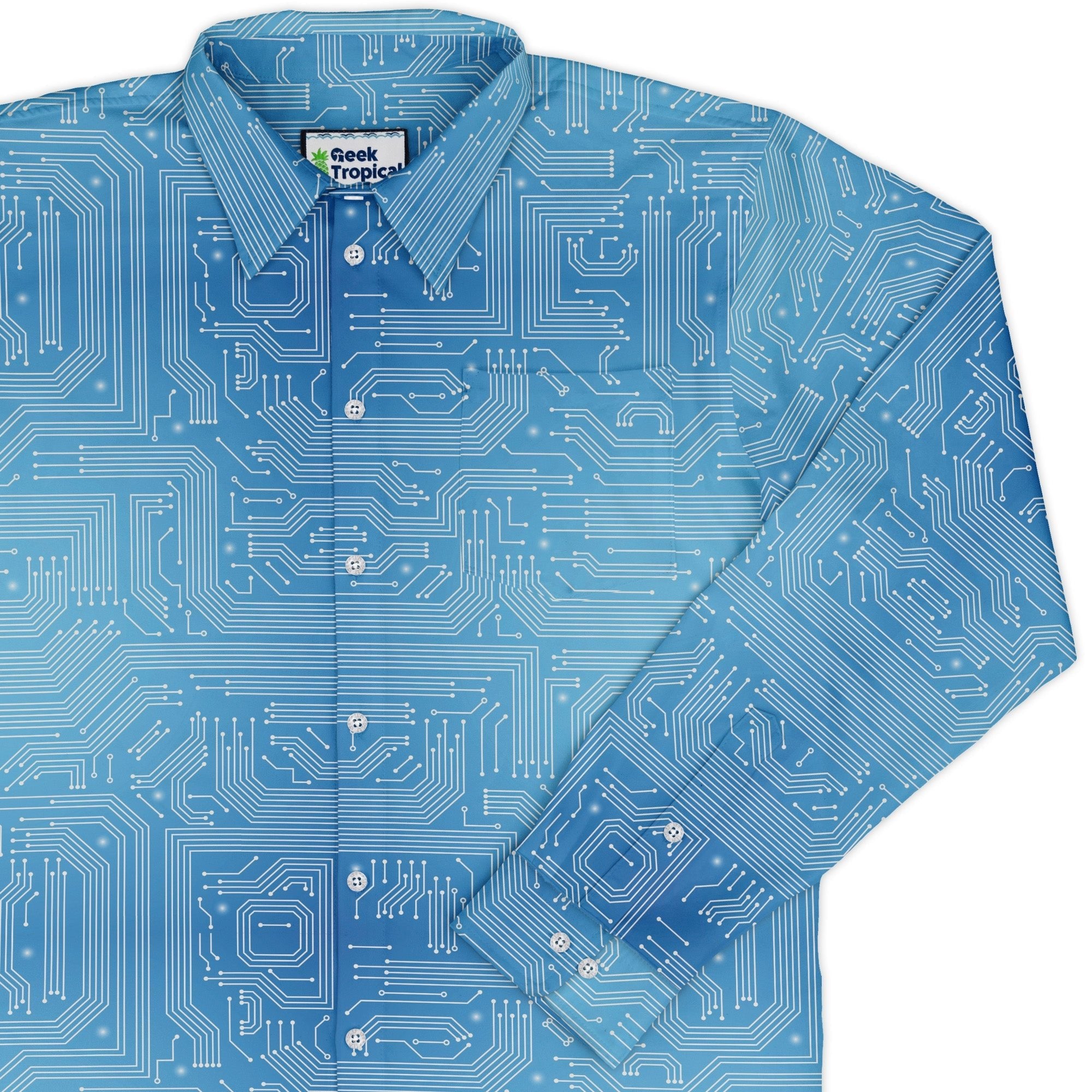 Blue Computer Circuit Board Long Sleeve Button Up Shirt Geek Nerd adult sizing computer print FLOW DESC WRITING