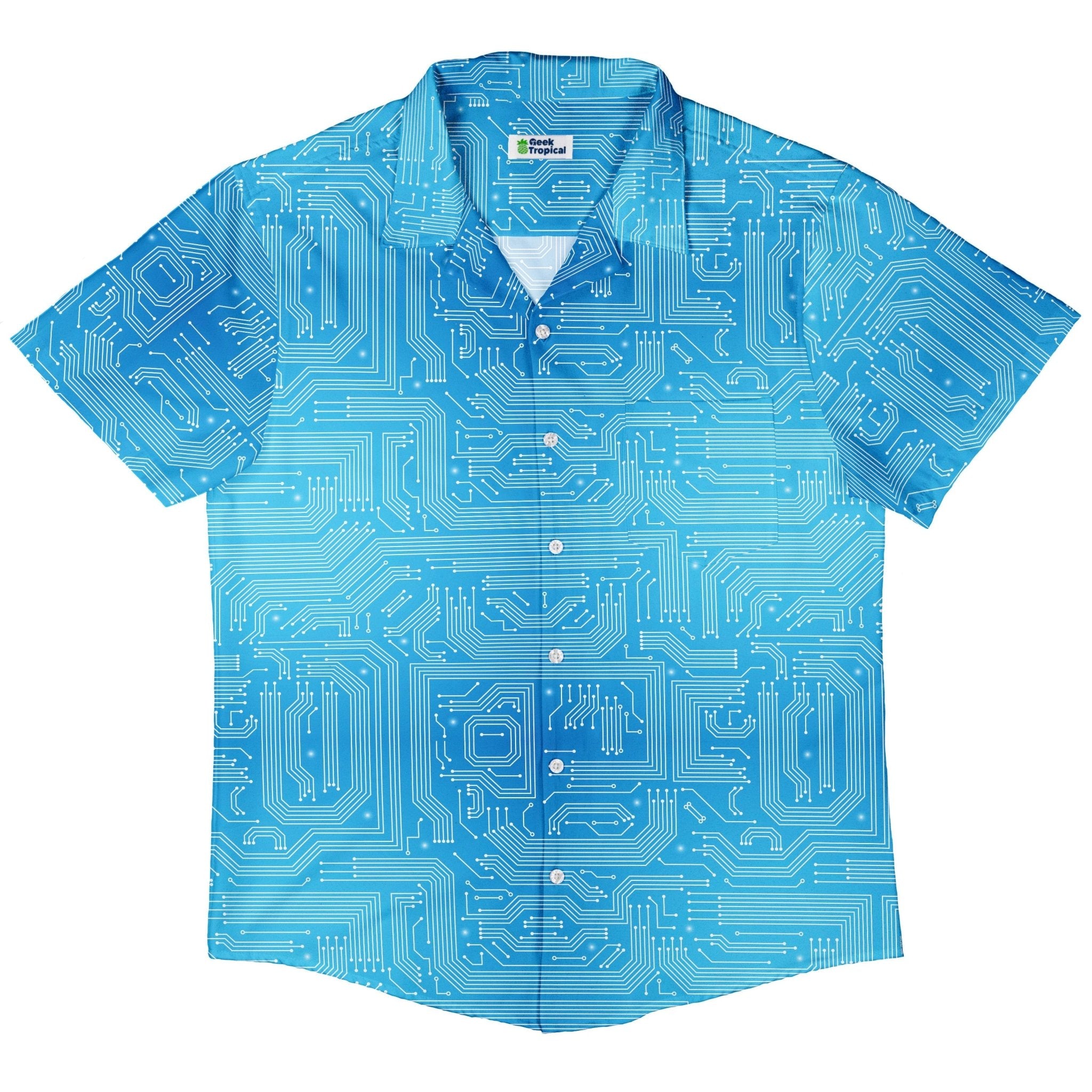 Blue Computer Circuit Board Button Up Shirt - adult sizing - computer print -