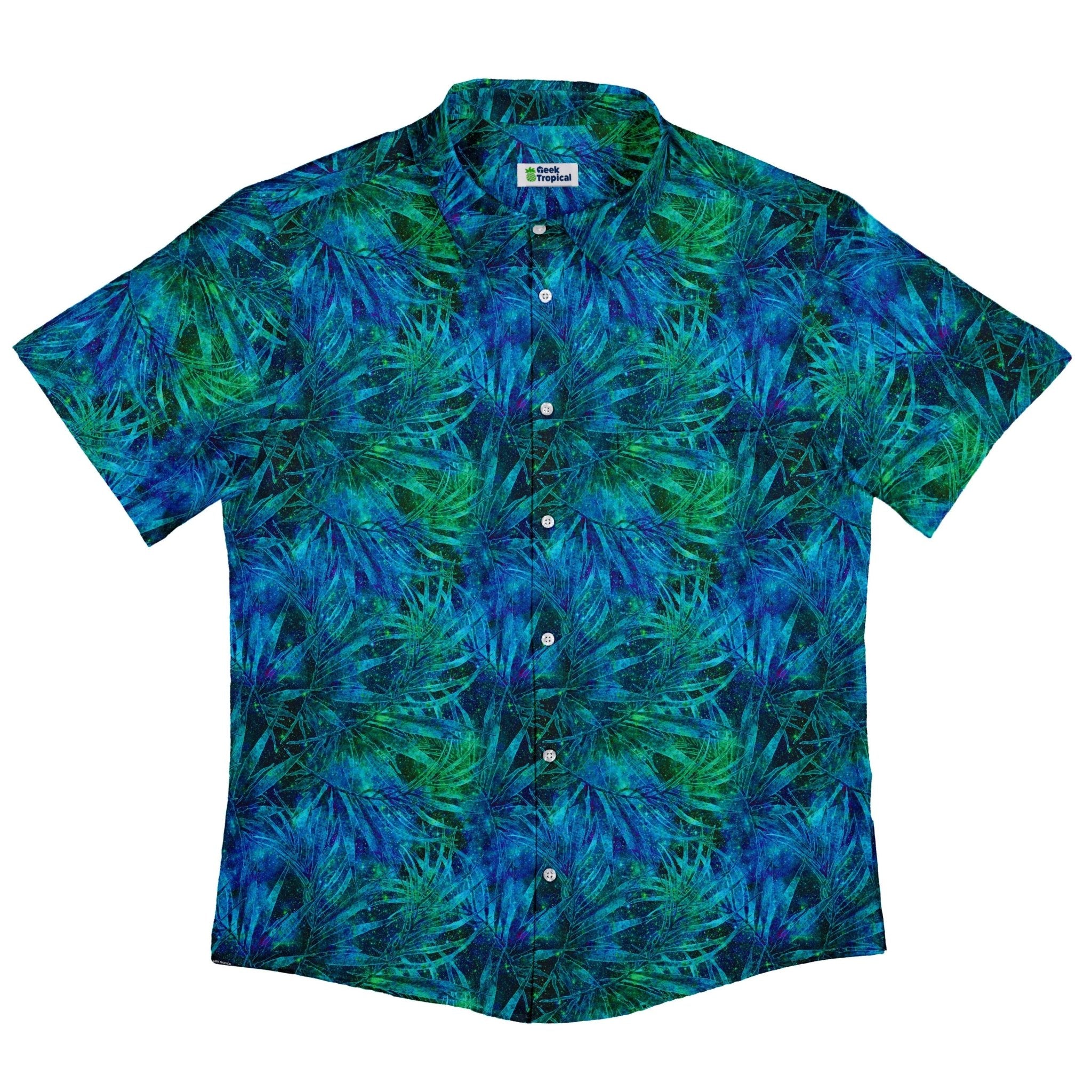 Blue Green Hawaiian Space Button Up Shirt - adult sizing - outer space & astronaut print - Tropical Hawaiian Patterns
