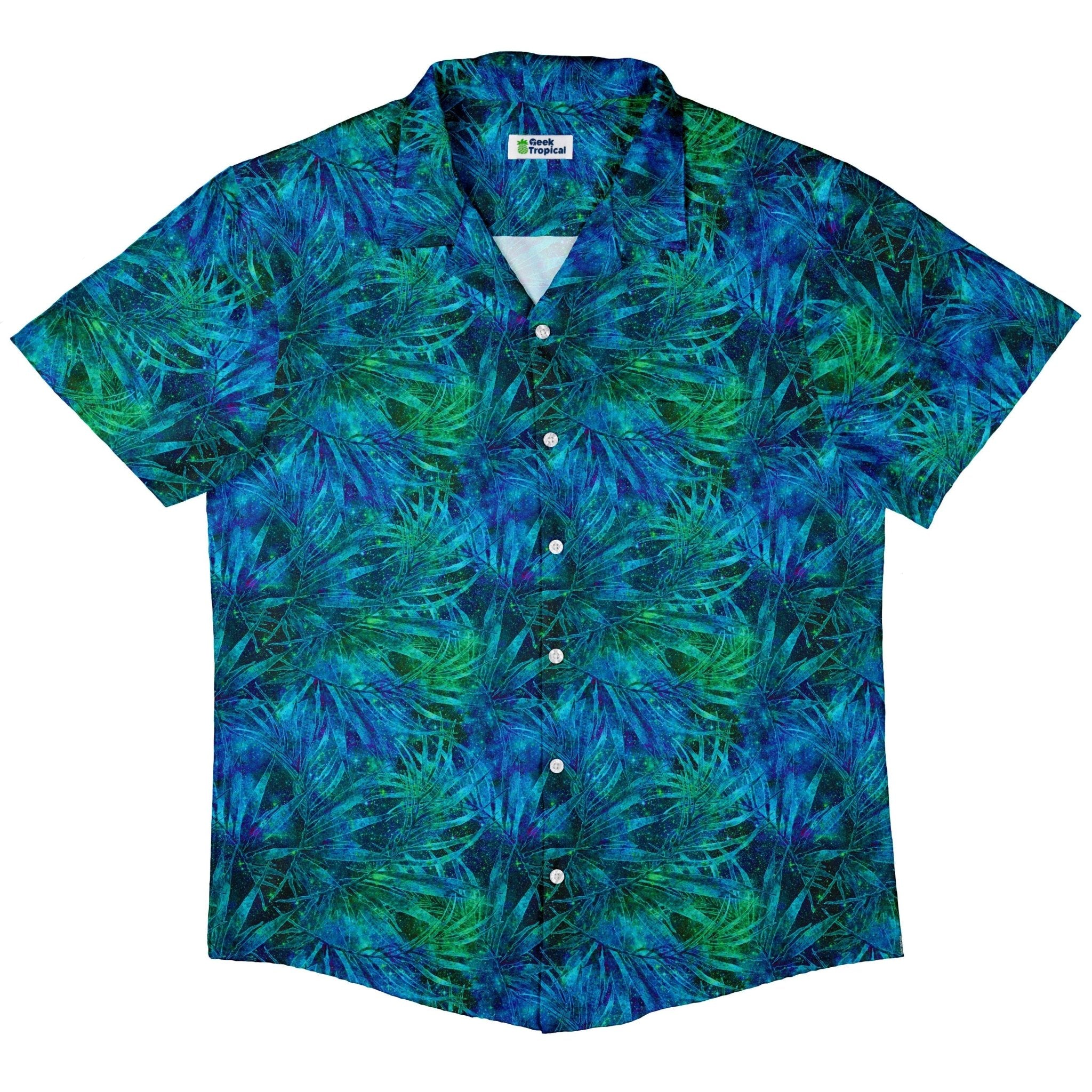 Blue Green Hawaiian Space Button Up Shirt - adult sizing - outer space & astronaut print - Tropical Hawaiian Patterns