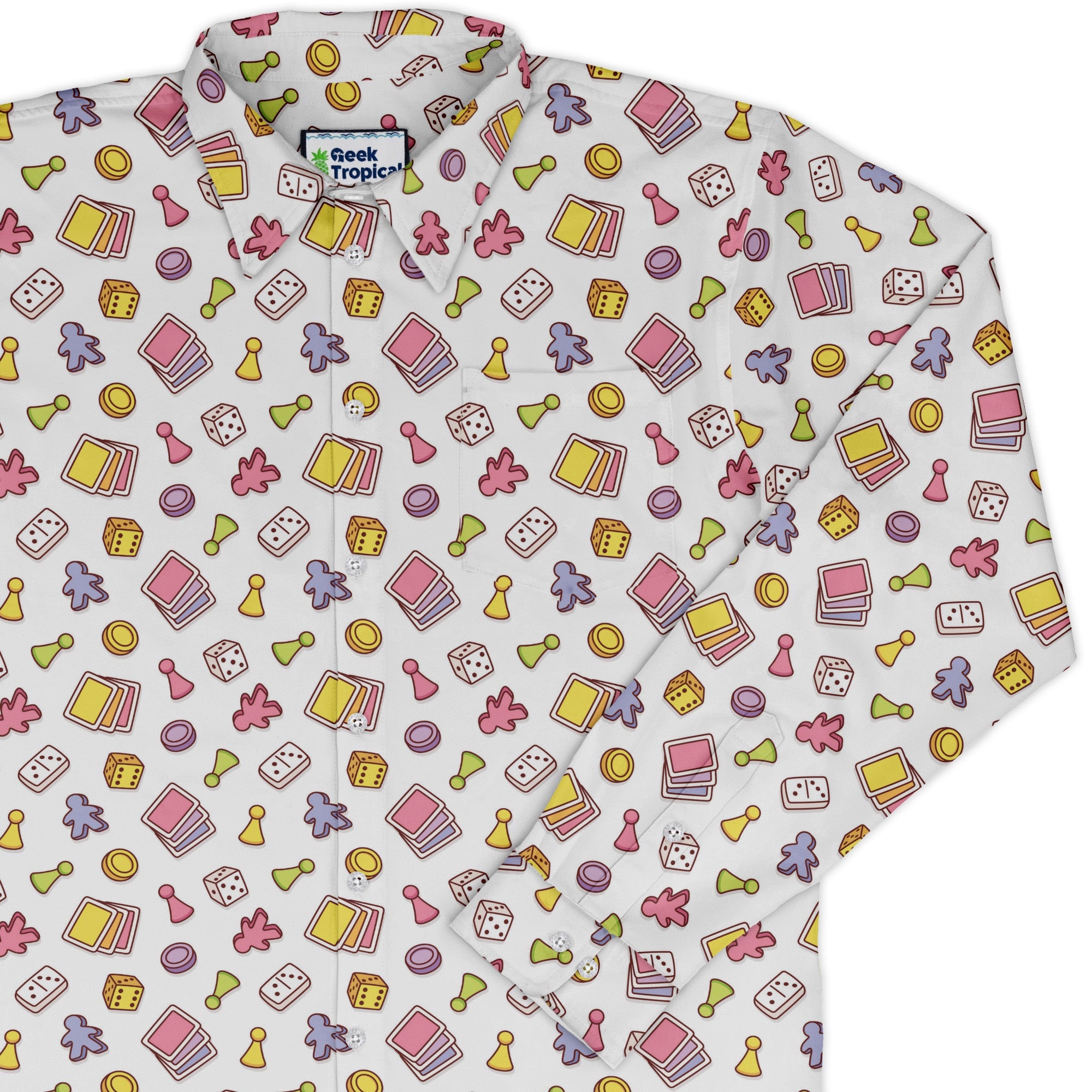 Board Game Objects Meeples White Long Sleeve Button Up Shirt Geek Nerd adult sizing board game print FLOW DESC WRITING