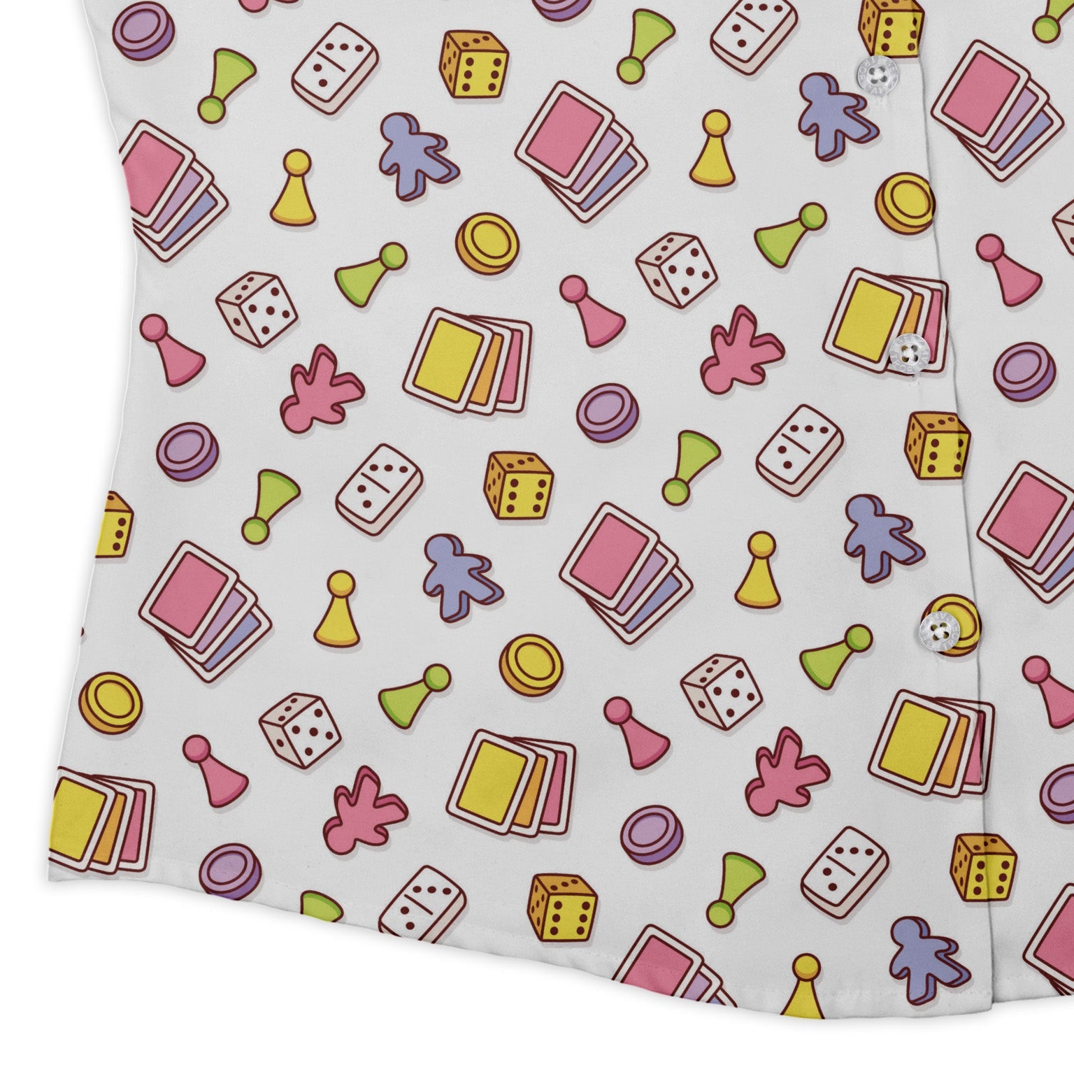 Board Game Objects Meeples White Curvy Button Up Shirt Geek Nerd board game print women