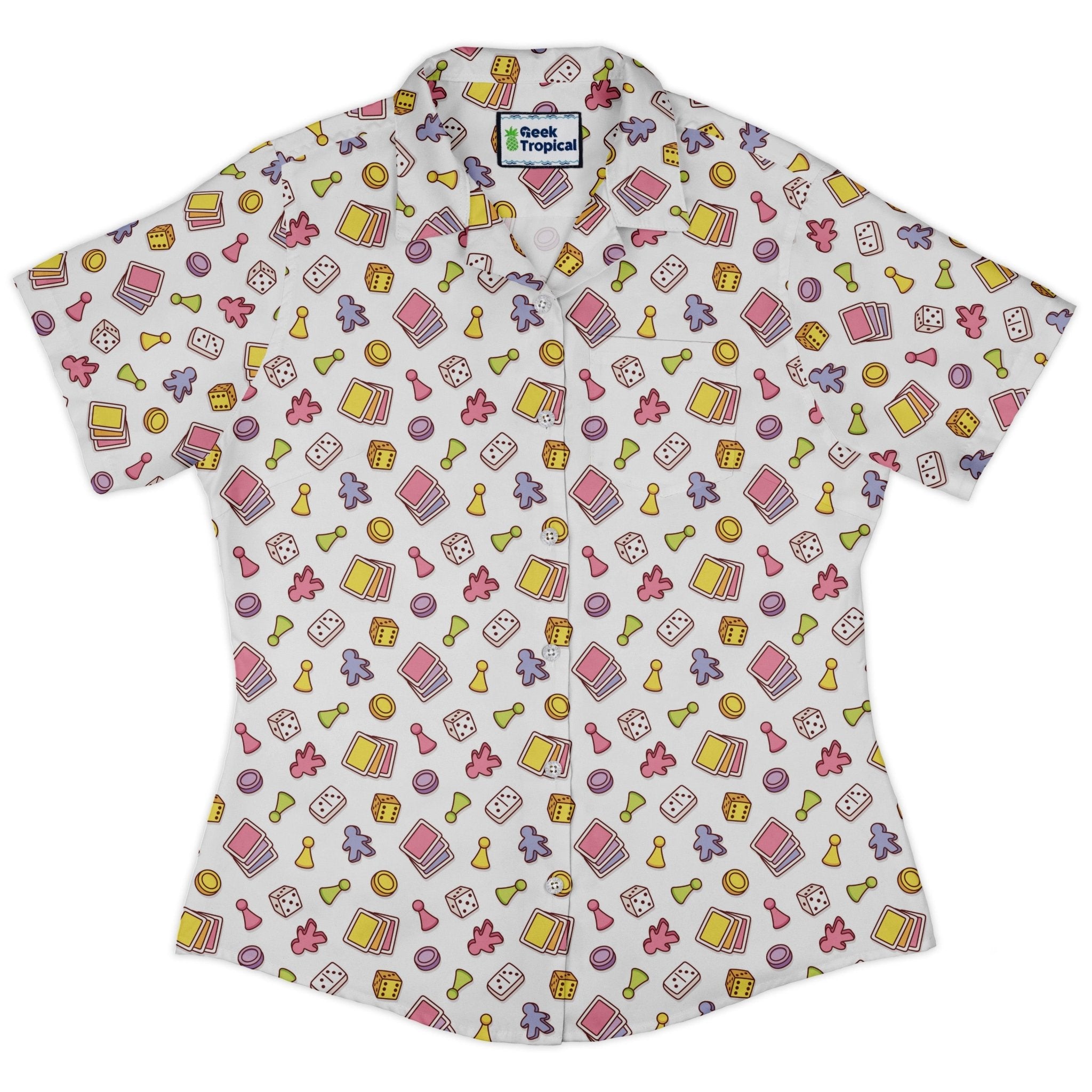 Board Game Objects Meeples White Curvy Button Up Shirt Geek Nerd board game print women