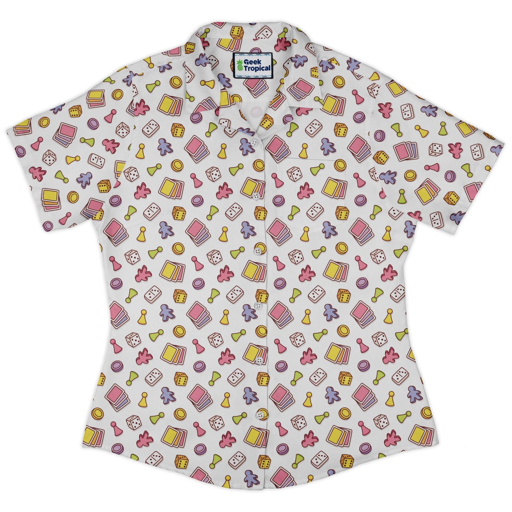 Board Game Objects Meeples White Curvy Button Up Shirt Geek Nerd board game print women
