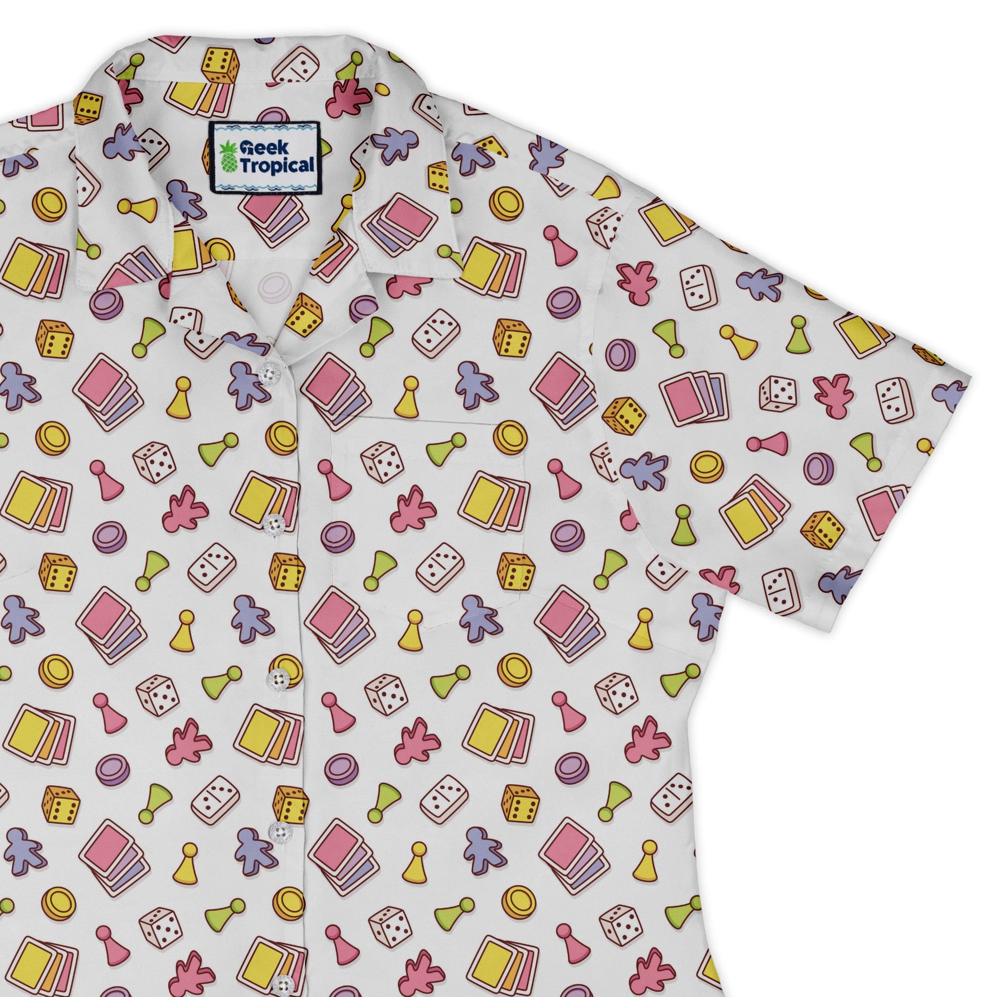 Board Game Objects Meeples White Curvy Button Up Shirt Geek Nerd board game print women