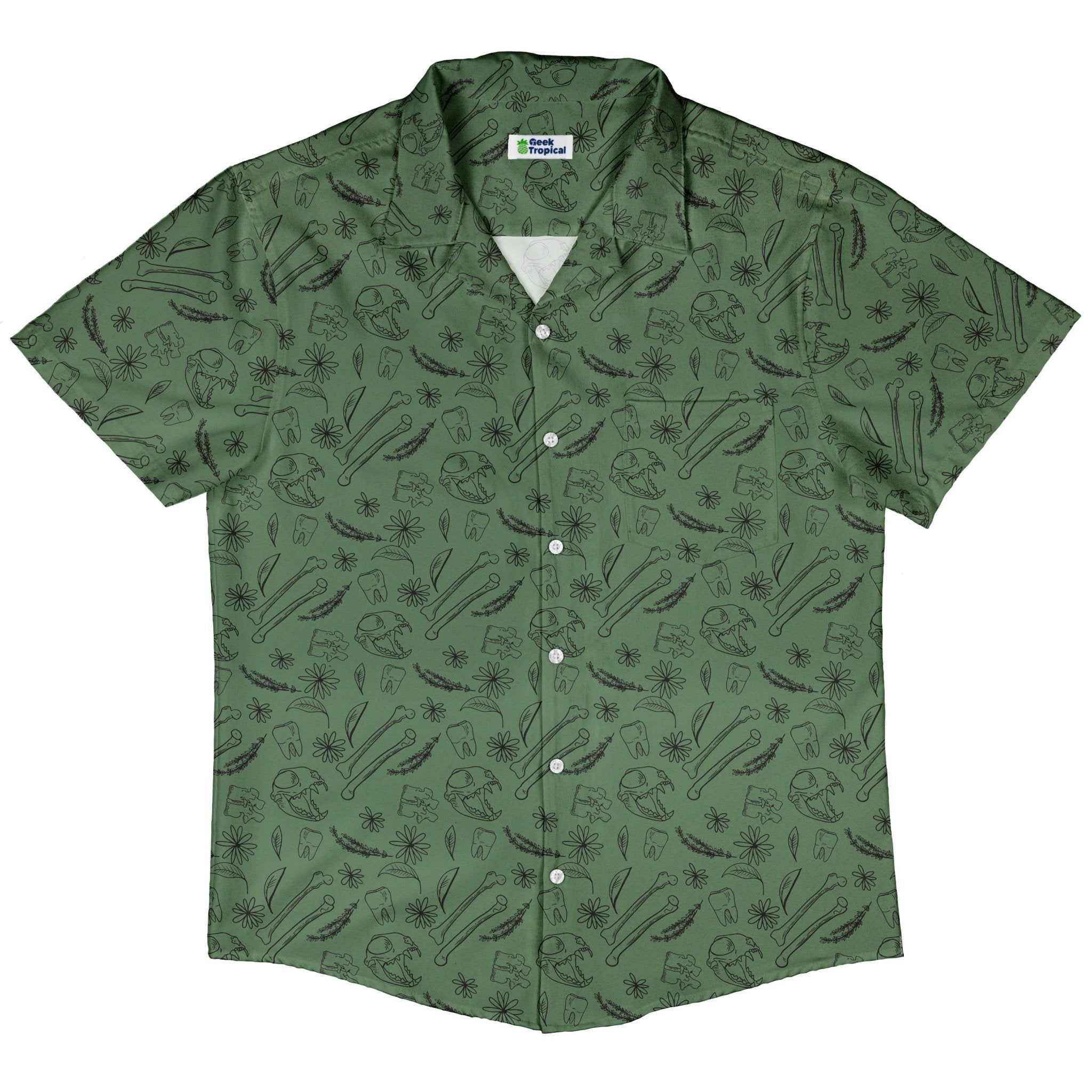 Bones and Flowers Green Button Up Shirt Geek Nerd 0925 adult sizing All Adult Button Up Shirts