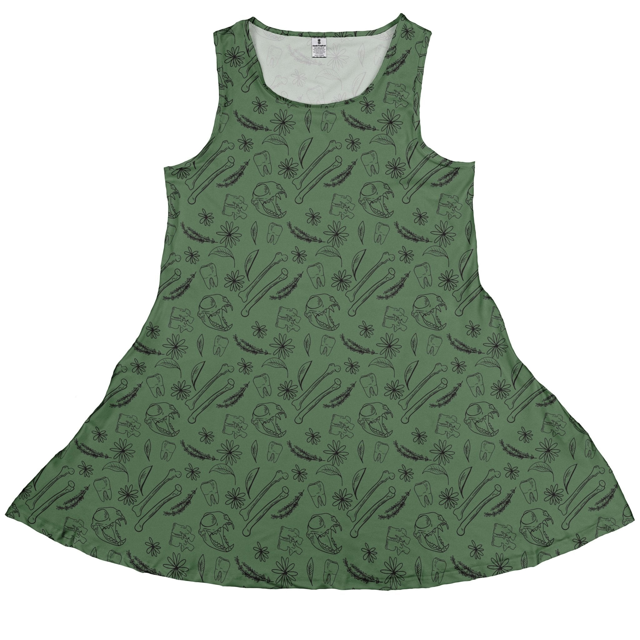 Bones and Flowers Green Dress Geek Nerd 0925 Botany Print Design by Heather Davenport