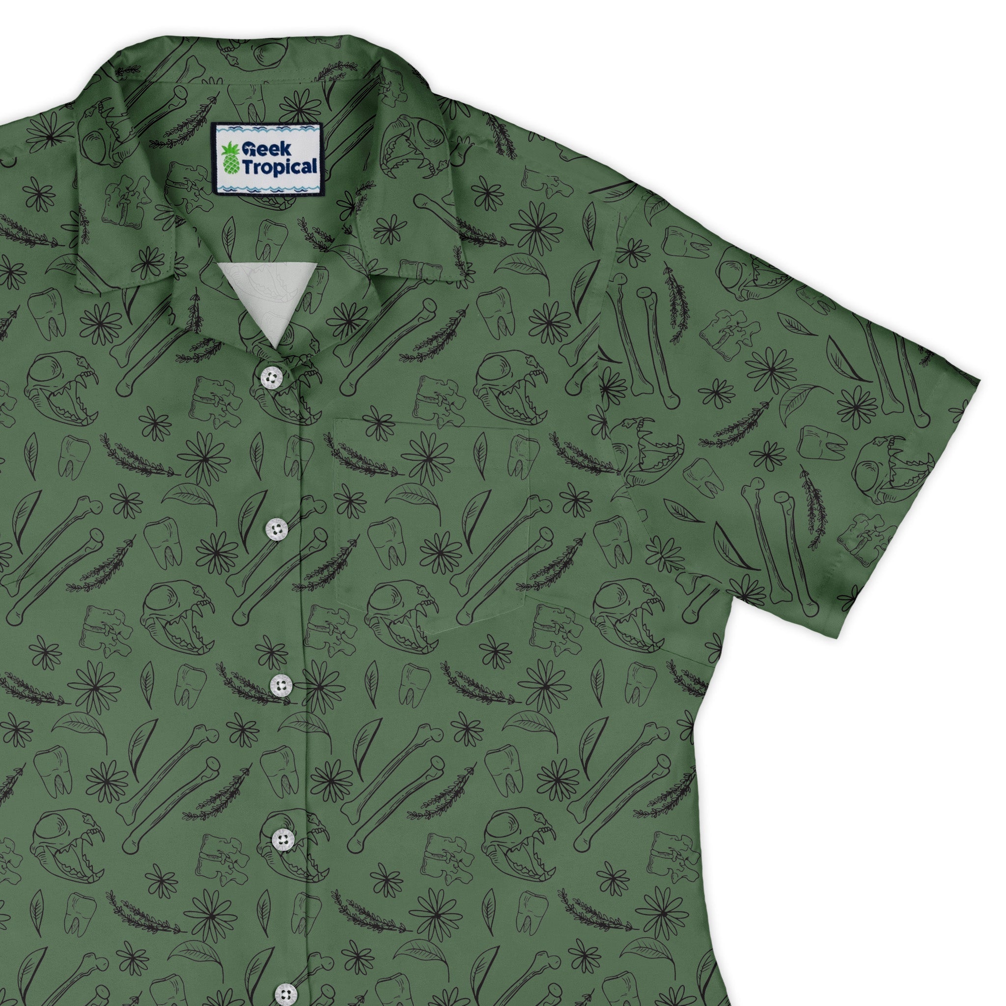 Bones and Flowers Green Curvy Button Up Shirt Geek Nerd 0925 All Adult Button Up Shirts Botany Print
