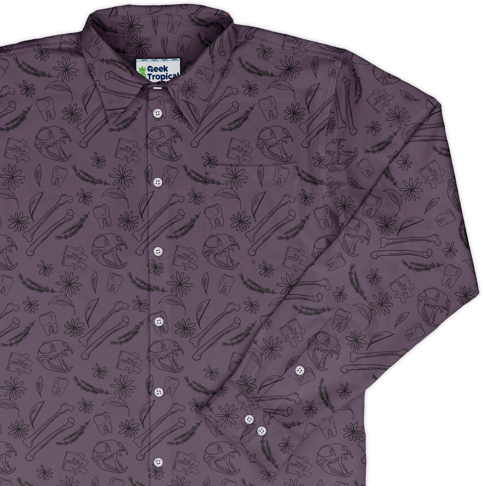 Bones and Flowers Purple Long Sleeve Button Up Shirt Geek Nerd 0925 adult sizing All Adult Button Up Shirts