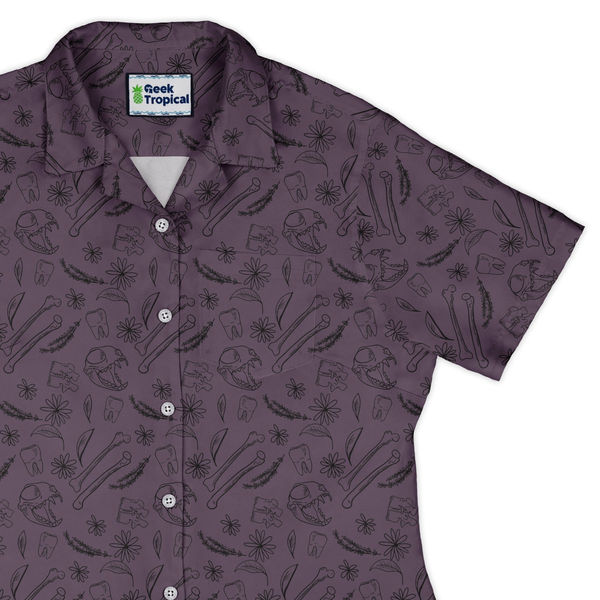 Bones and Flowers Purple Curvy Button Up Shirt Geek Nerd 0925 All Adult Button Up Shirts Botany Print