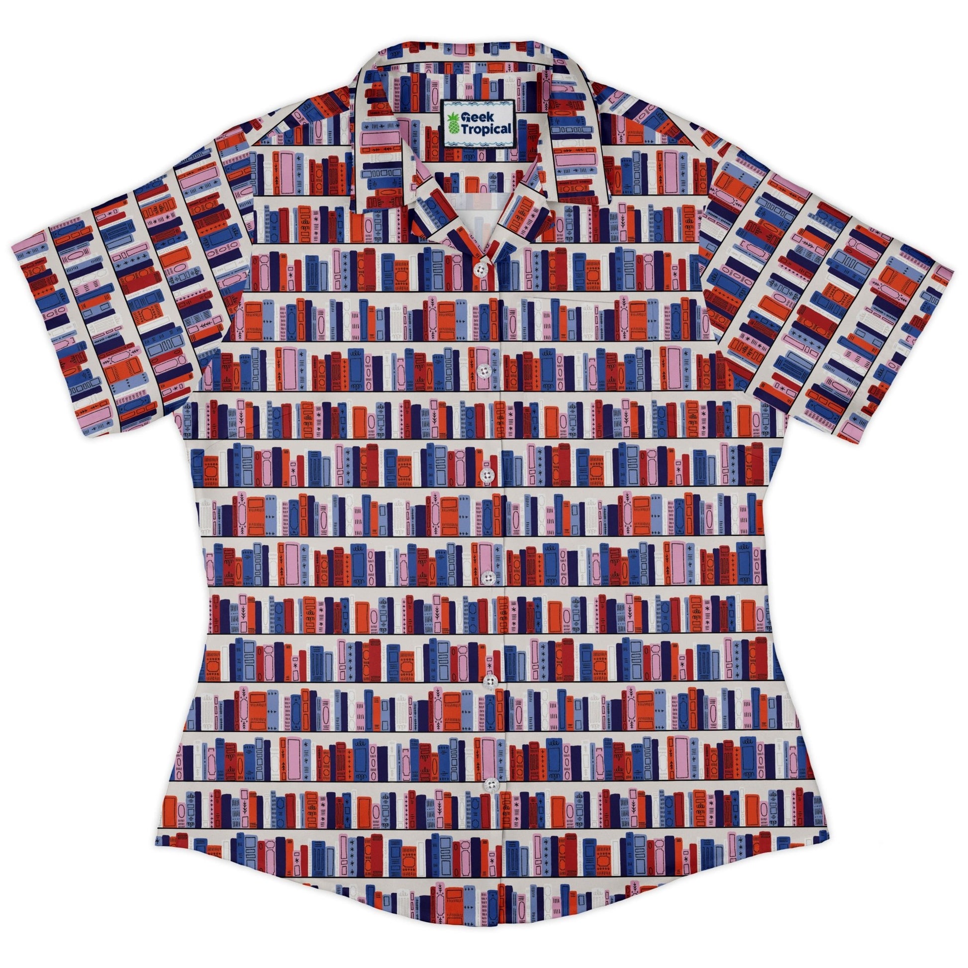 Book Shelf Curvy Button Up Shirt Geek Nerd book prints Design by Zirkus Design q225