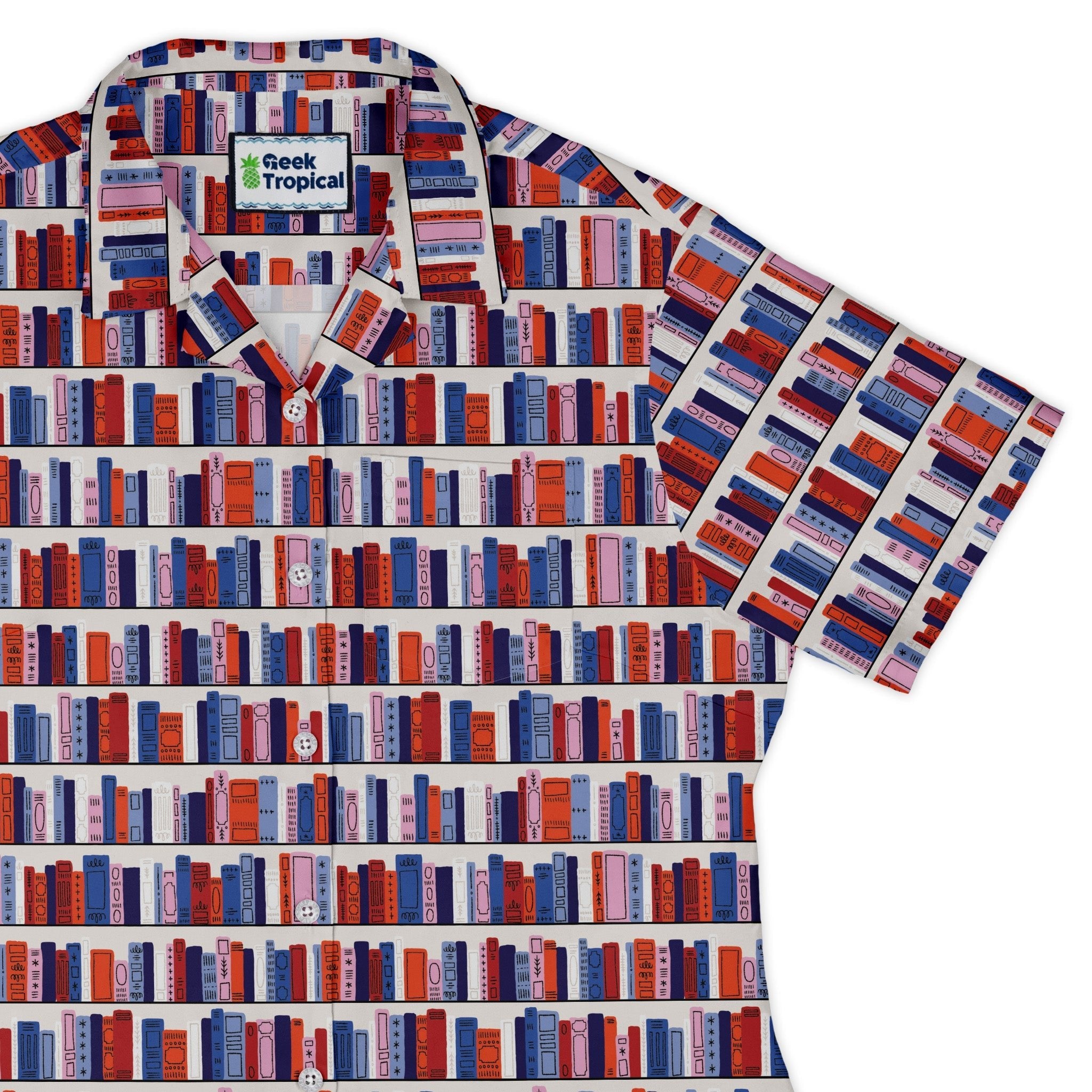 Book Shelf Curvy Button Up Shirt Geek Nerd book prints Design by Zirkus Design q225