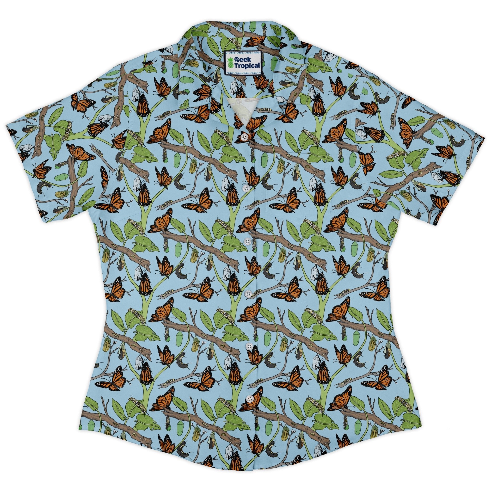 Butterfly Cycle Curvy Button Up Shirt Geek Nerd botany print Design by Julie Kitzes q225