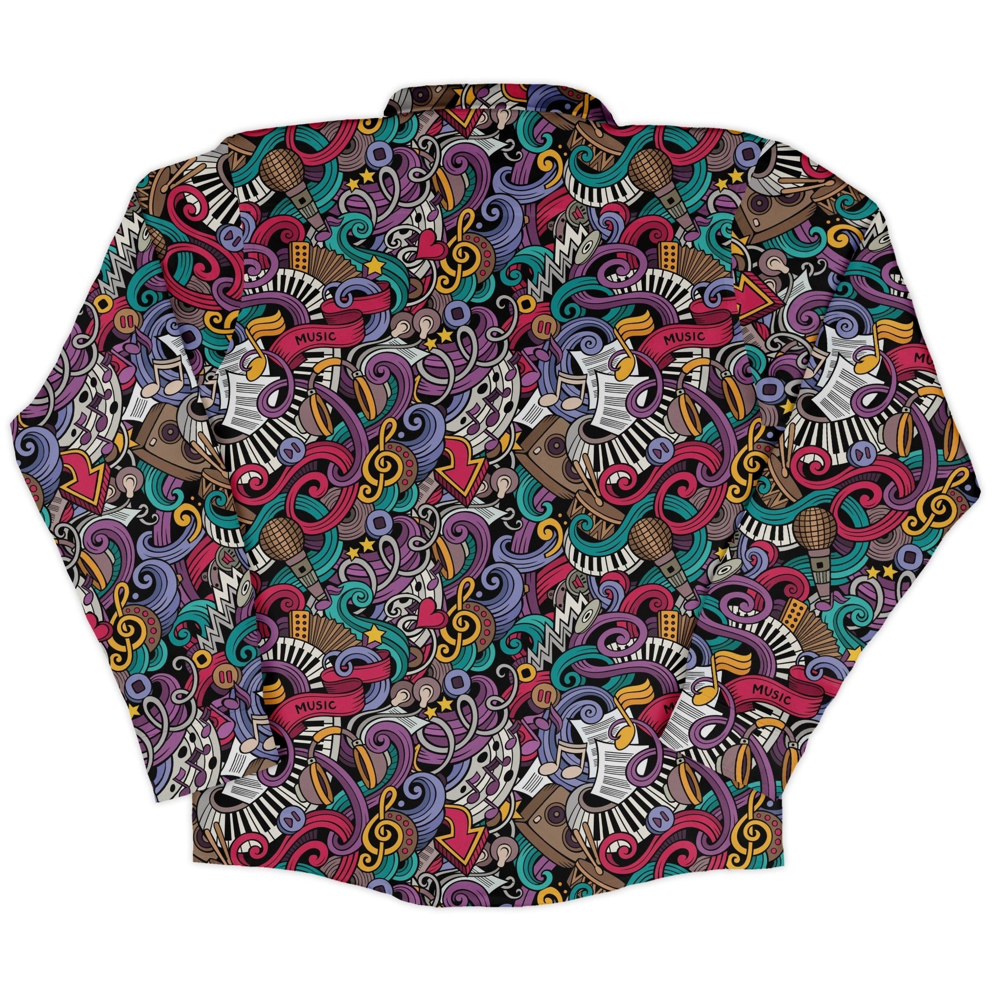 Cartoon Music Doodles Long Sleeve Button Up Shirt Geek Nerd adult sizing FLOW DESC WRITING Maximalist Patterns