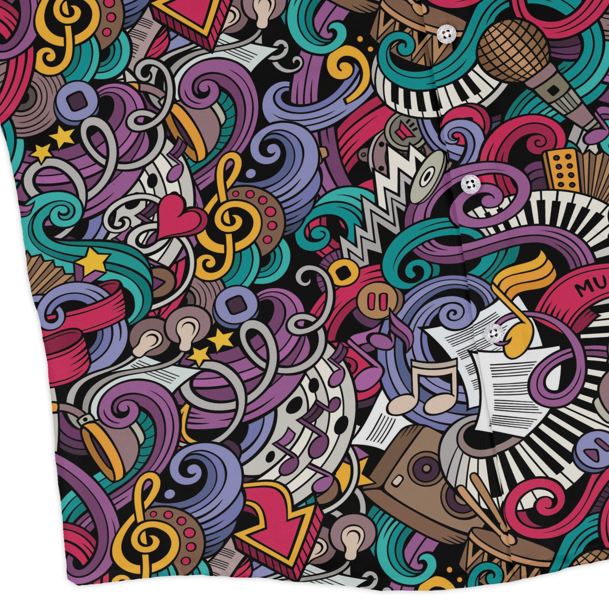 Cartoon Music Doodles Long Sleeve Button Up Shirt Geek Nerd adult sizing FLOW DESC WRITING Maximalist Patterns