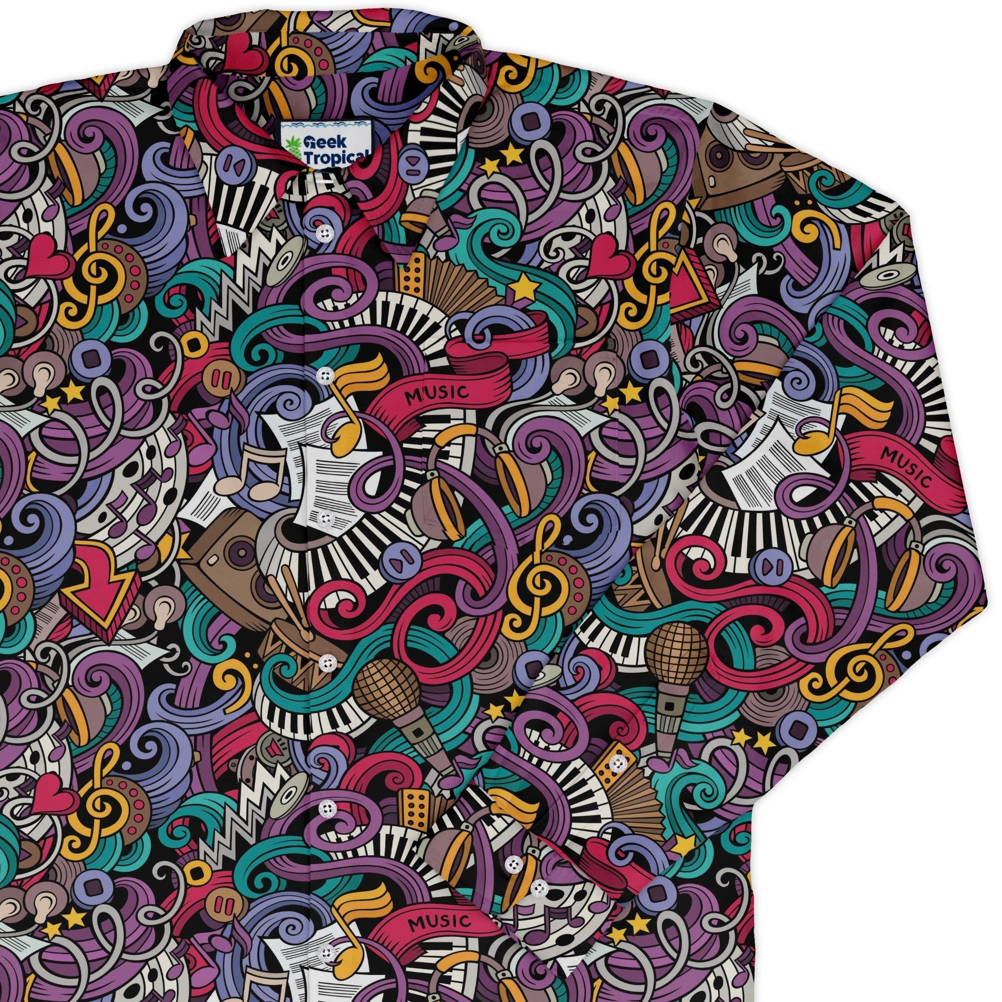 Cartoon Music Doodles Long Sleeve Button Up Shirt Geek Nerd adult sizing FLOW DESC WRITING Maximalist Patterns