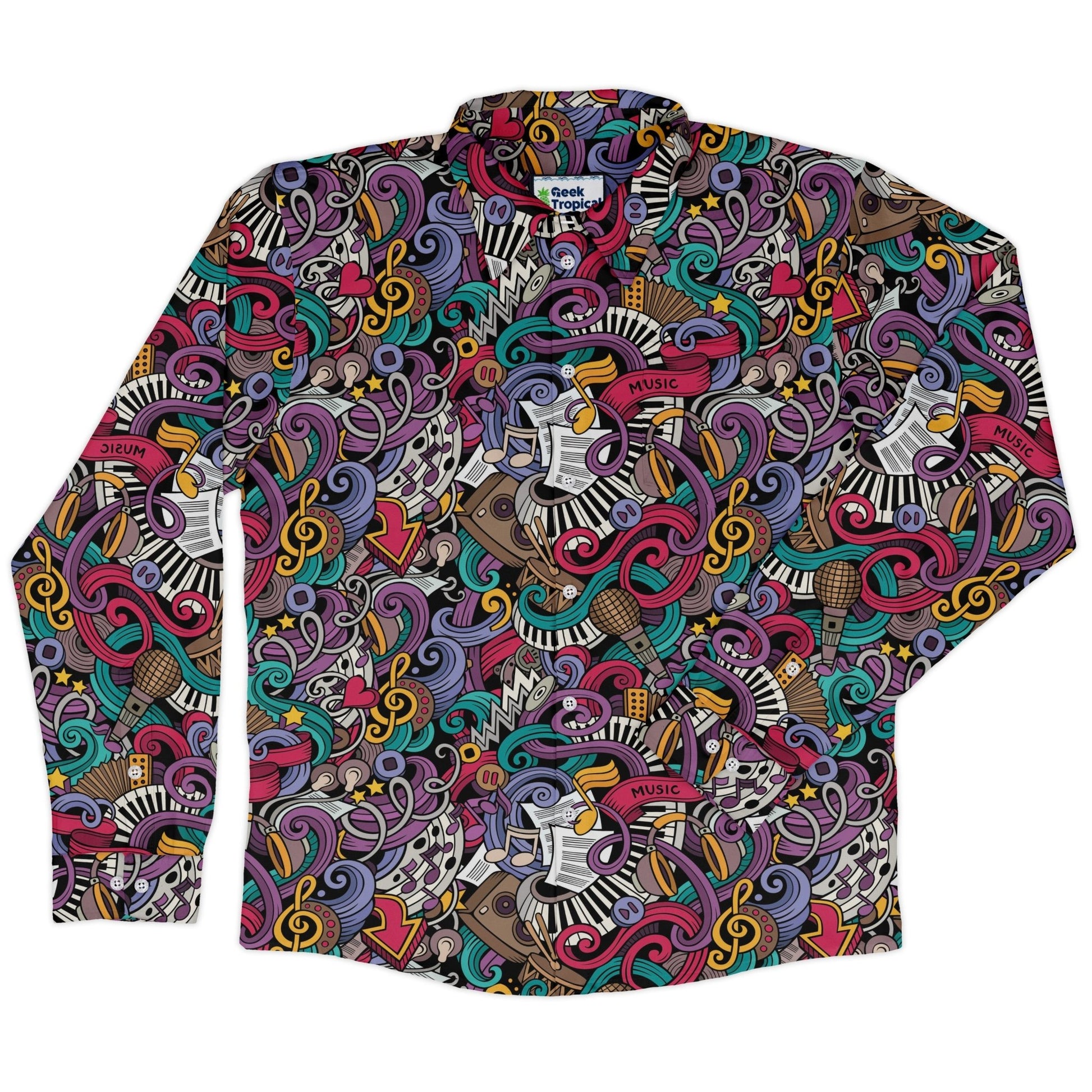 Cartoon Music Doodles Long Sleeve Button Up Shirt Geek Nerd adult sizing FLOW DESC WRITING Maximalist Patterns