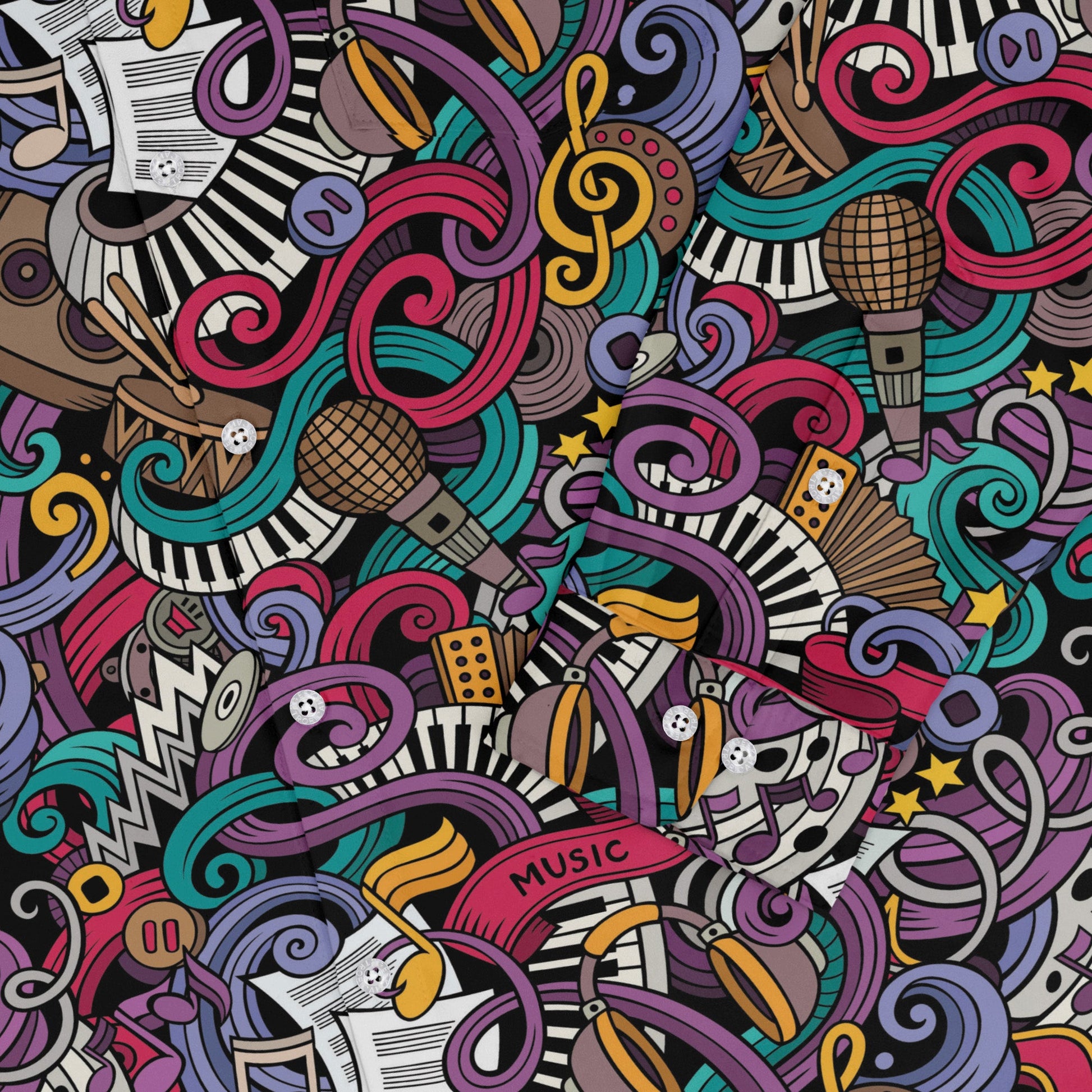 Cartoon Music Doodles Long Sleeve Button Up Shirt Geek Nerd adult sizing FLOW DESC WRITING Maximalist Patterns