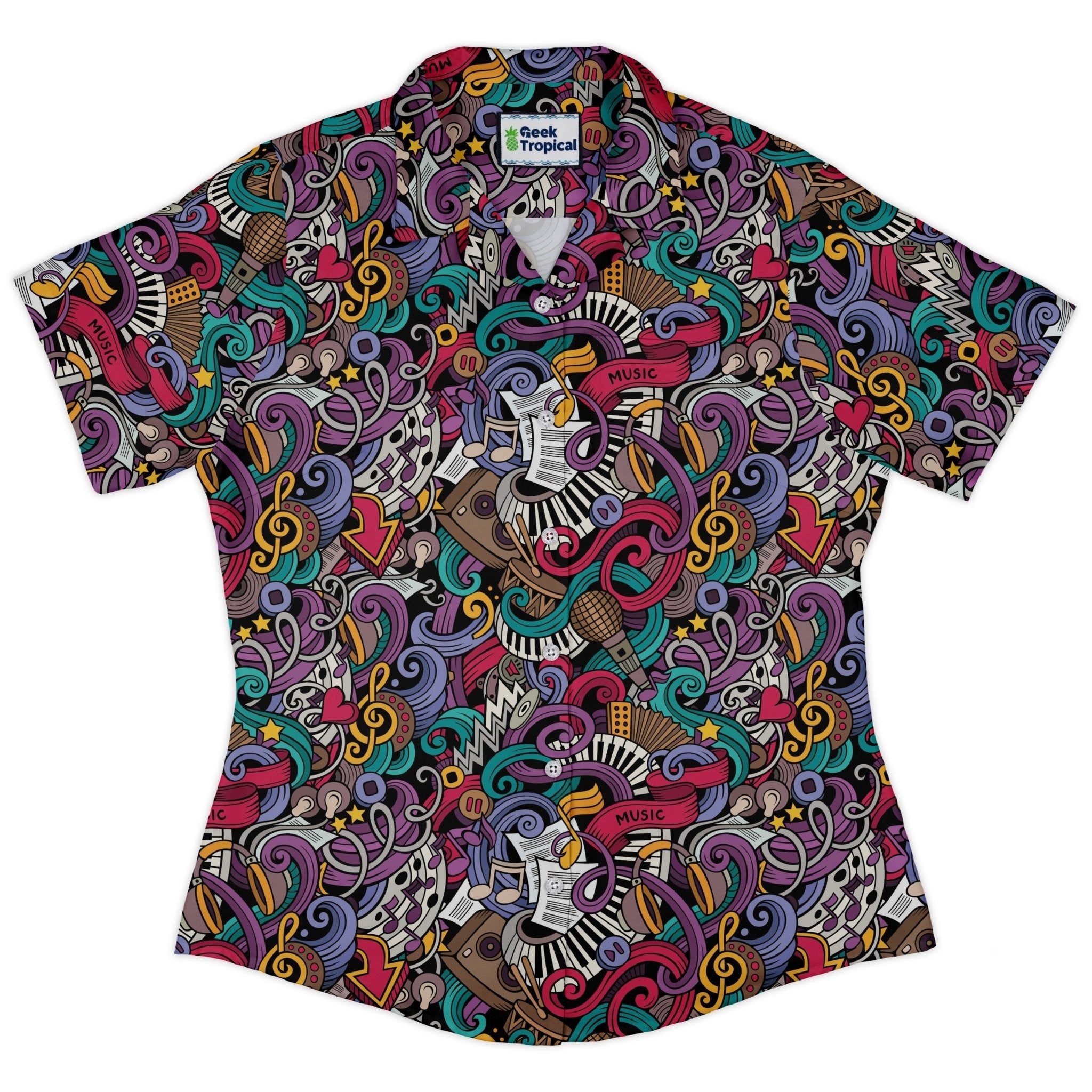 Cartoon Music Doodles Curvy Button Up Shirt Geek Nerd Maximalist Patterns music print women