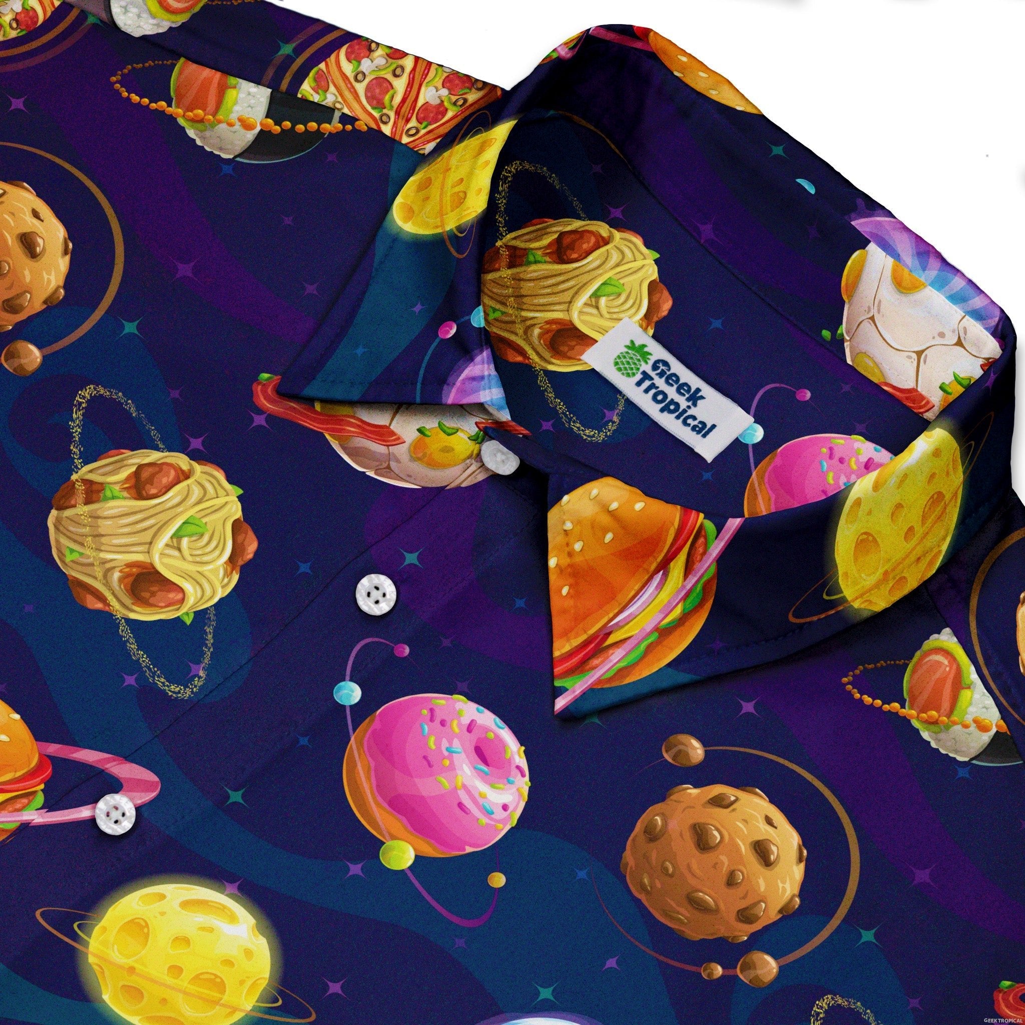 Cartoon Planet Food Space Blue Purple Button Up Shirt - adult sizing - Maximalist Patterns - outer space & astronaut print