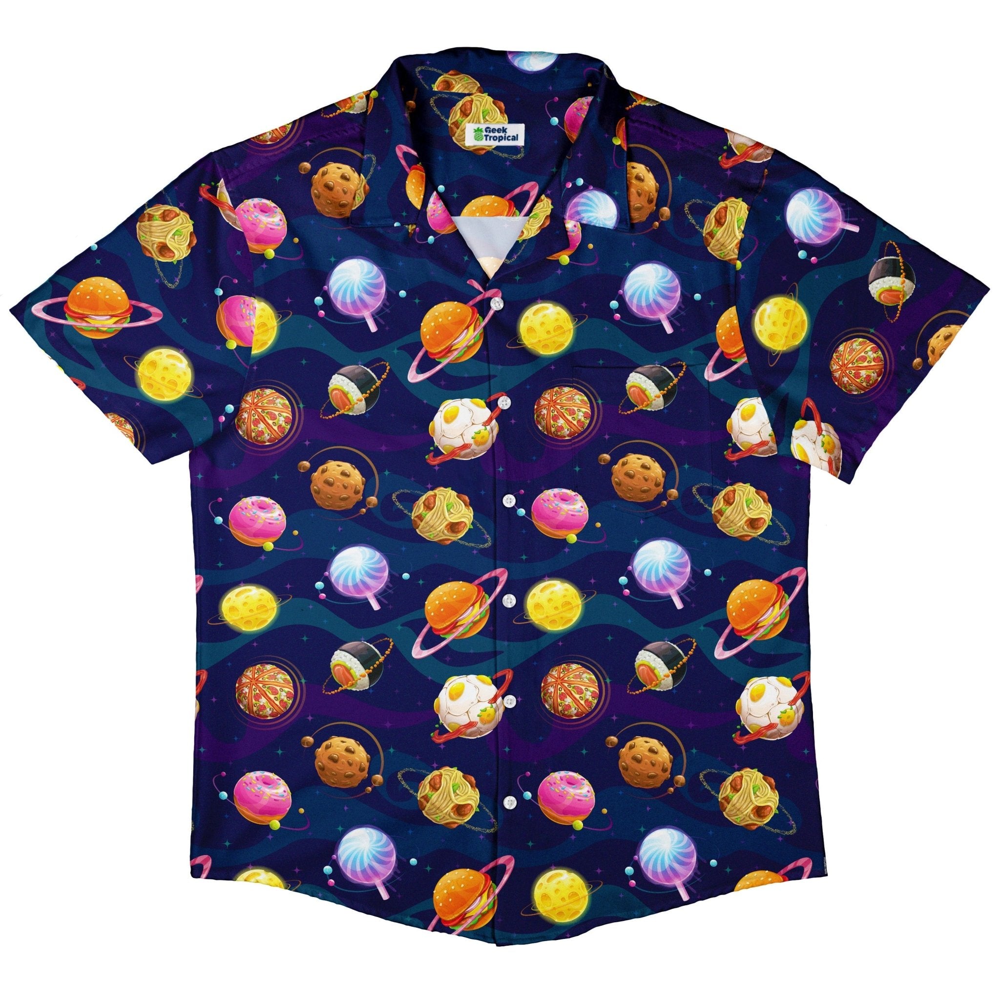 Cartoon Planet Food Space Blue Purple Button Up Shirt - adult sizing - Maximalist Patterns - outer space & astronaut print